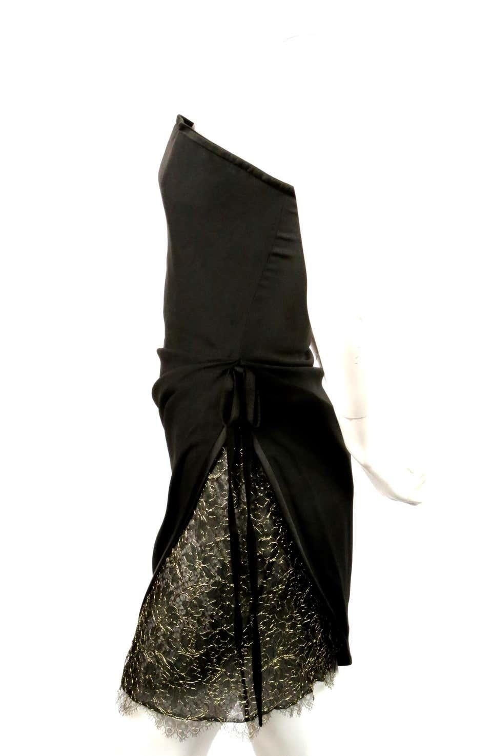 1990's YVES SAINT LAURENT black draped strapless dress with lace In Good Condition For Sale In San Fransisco, CA