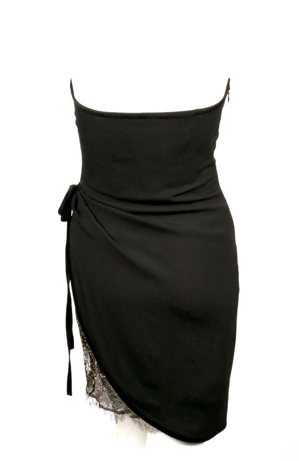 1990's YVES SAINT LAURENT black draped strapless dress with lace For Sale 1