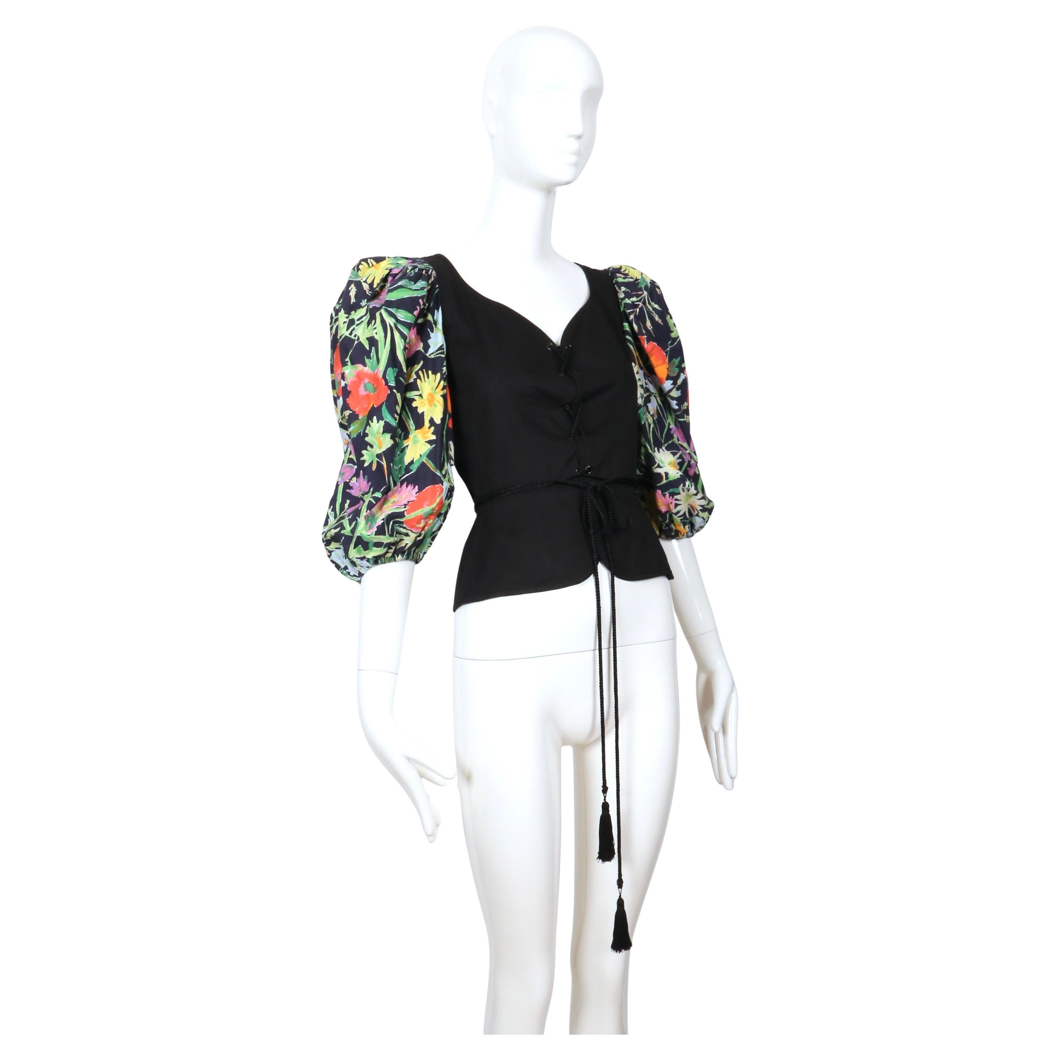1990's YVES SAINT LAURENT black & floral lace up corset top For Sale 1