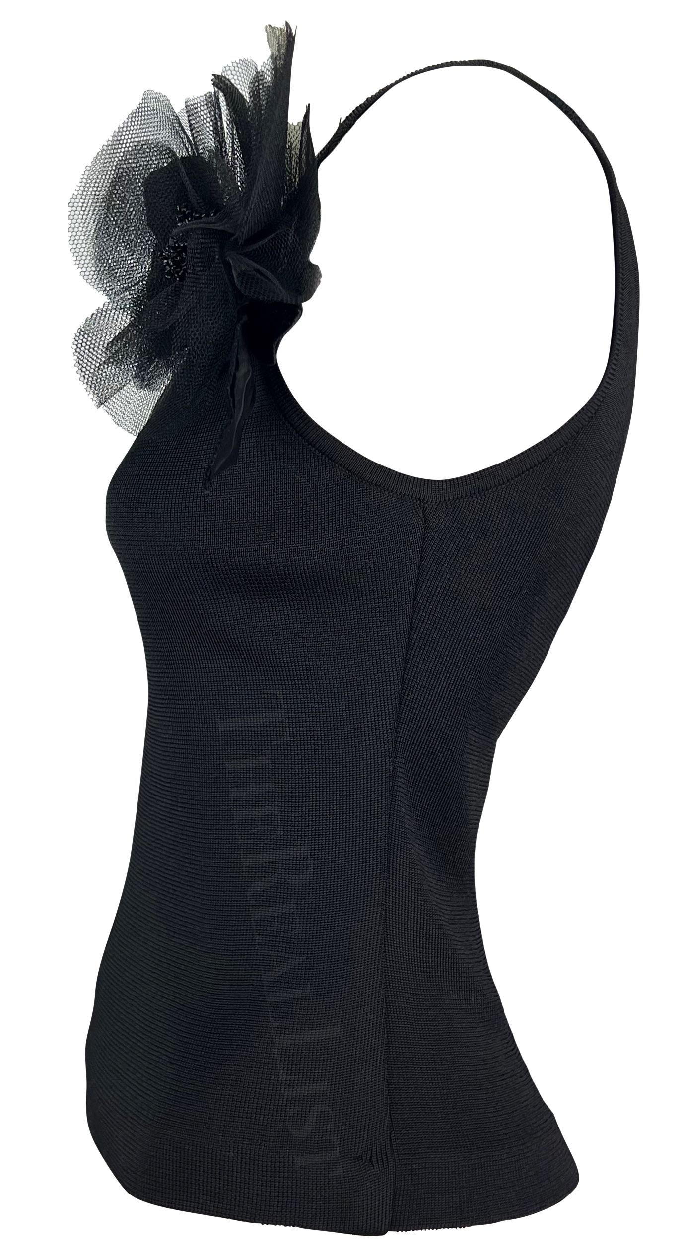 1990s Yves Saint Laurent Black Knit Floral Applique Tank Top In Excellent Condition For Sale In West Hollywood, CA
