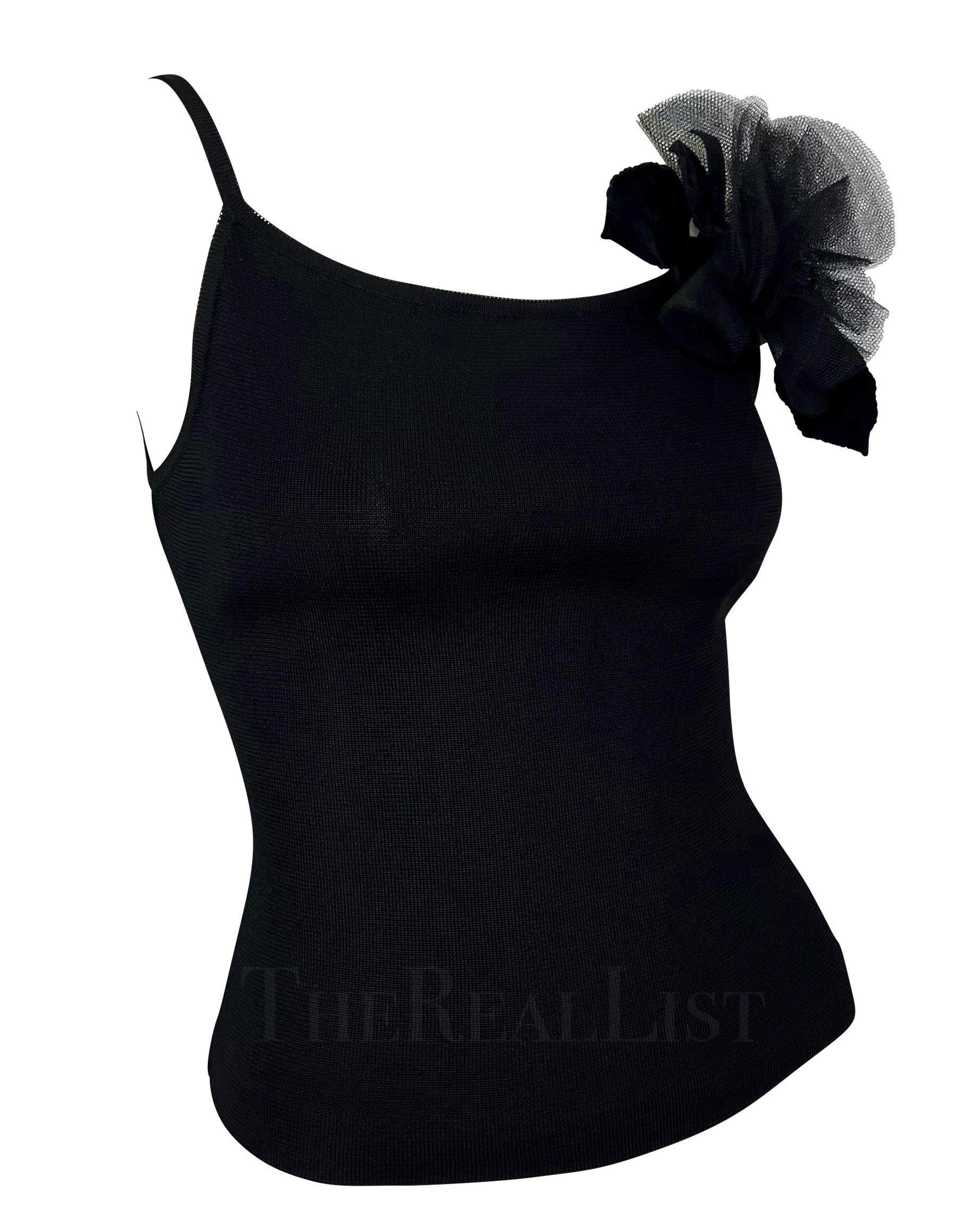 1990s Yves Saint Laurent Black Knit Floral Applique Tank Top For Sale 1