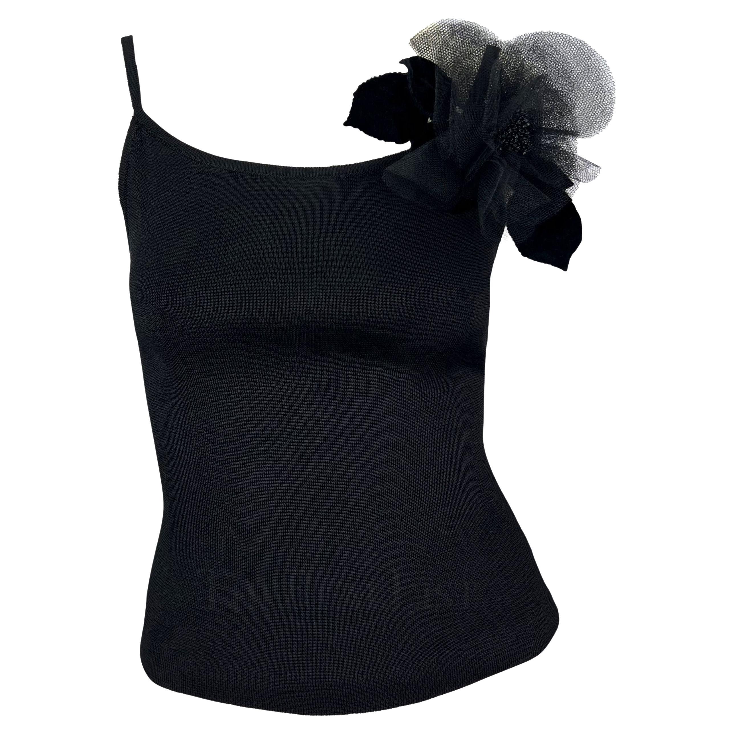 1990s Yves Saint Laurent Black Knit Floral Applique Tank Top For Sale