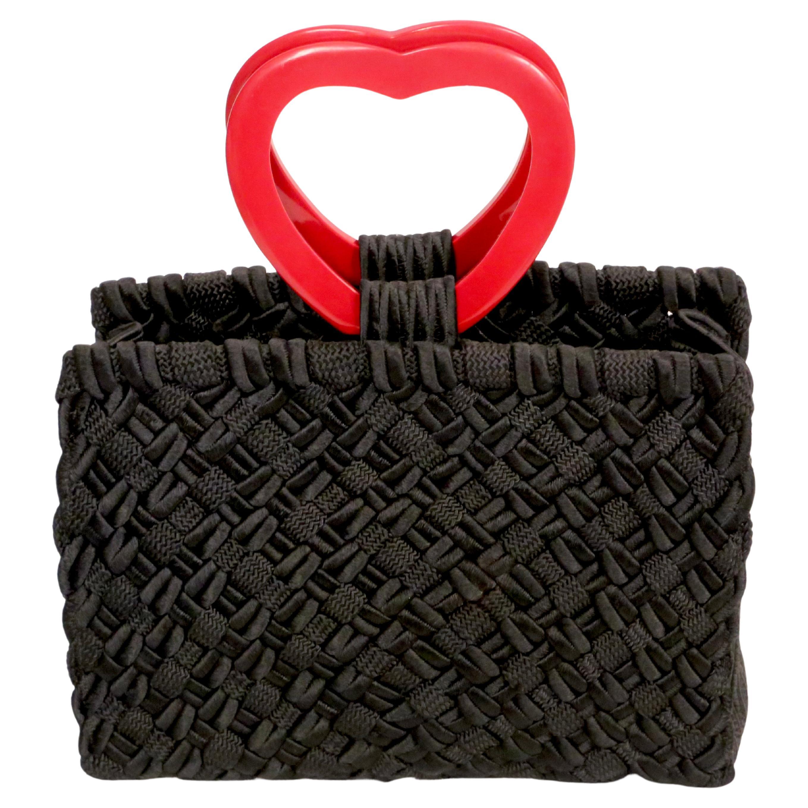 Black 1990's YVES SAINT LAURENT black & red passementerie 'heart' top handle bag For Sale