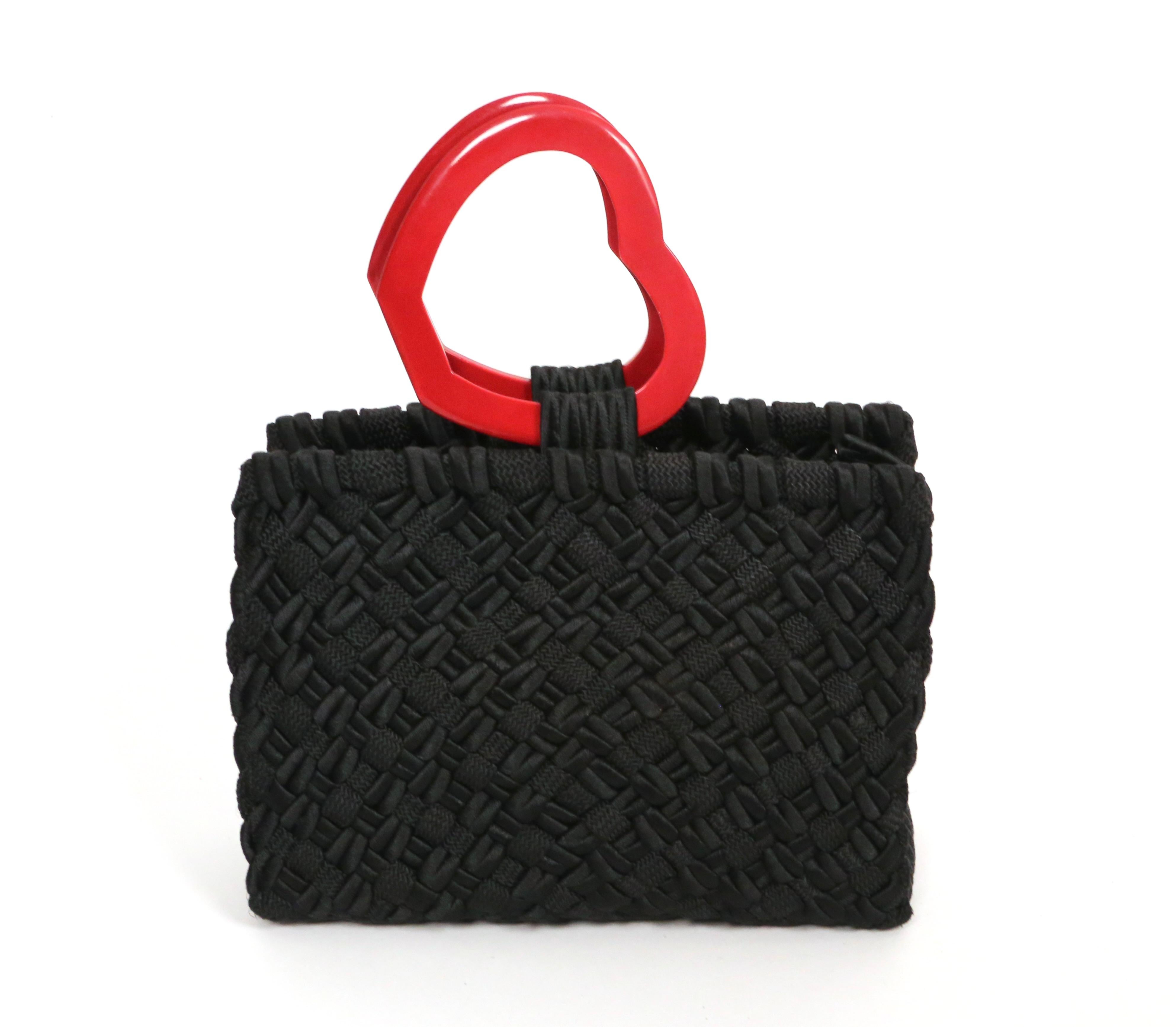 1990's YVES SAINT LAURENT black & red passementerie 'heart' top handle bag In Good Condition For Sale In San Fransisco, CA