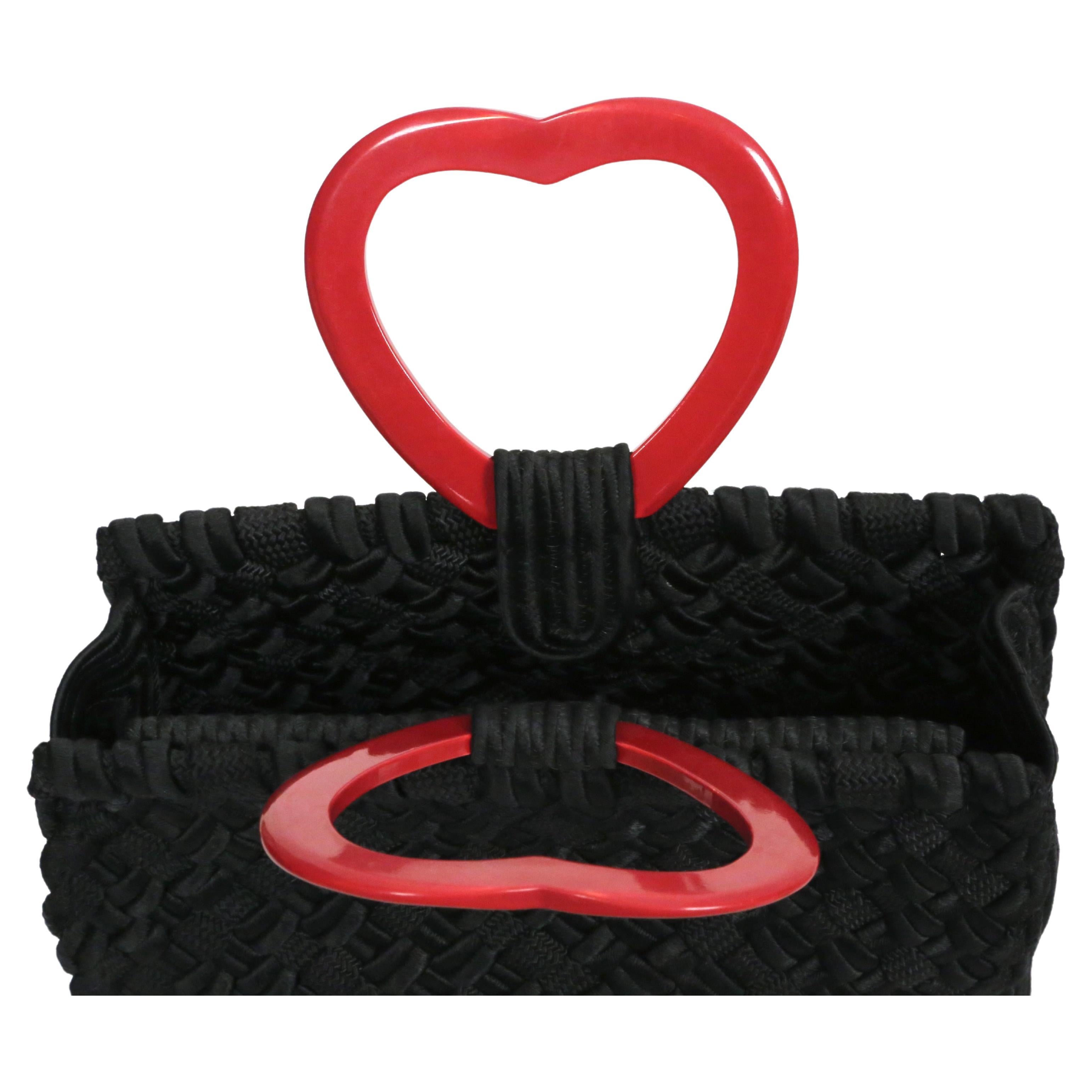 Women's or Men's 1990's YVES SAINT LAURENT black & red passementerie 'heart' top handle bag For Sale
