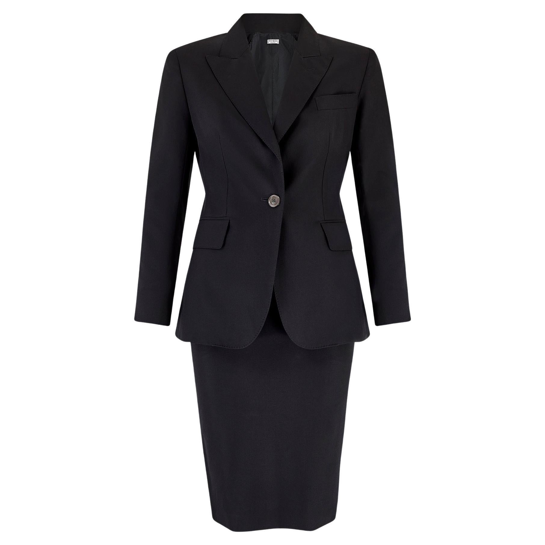 1990s Yves Saint Laurent Black Single Breasted Wool Skirt Suit For Sale