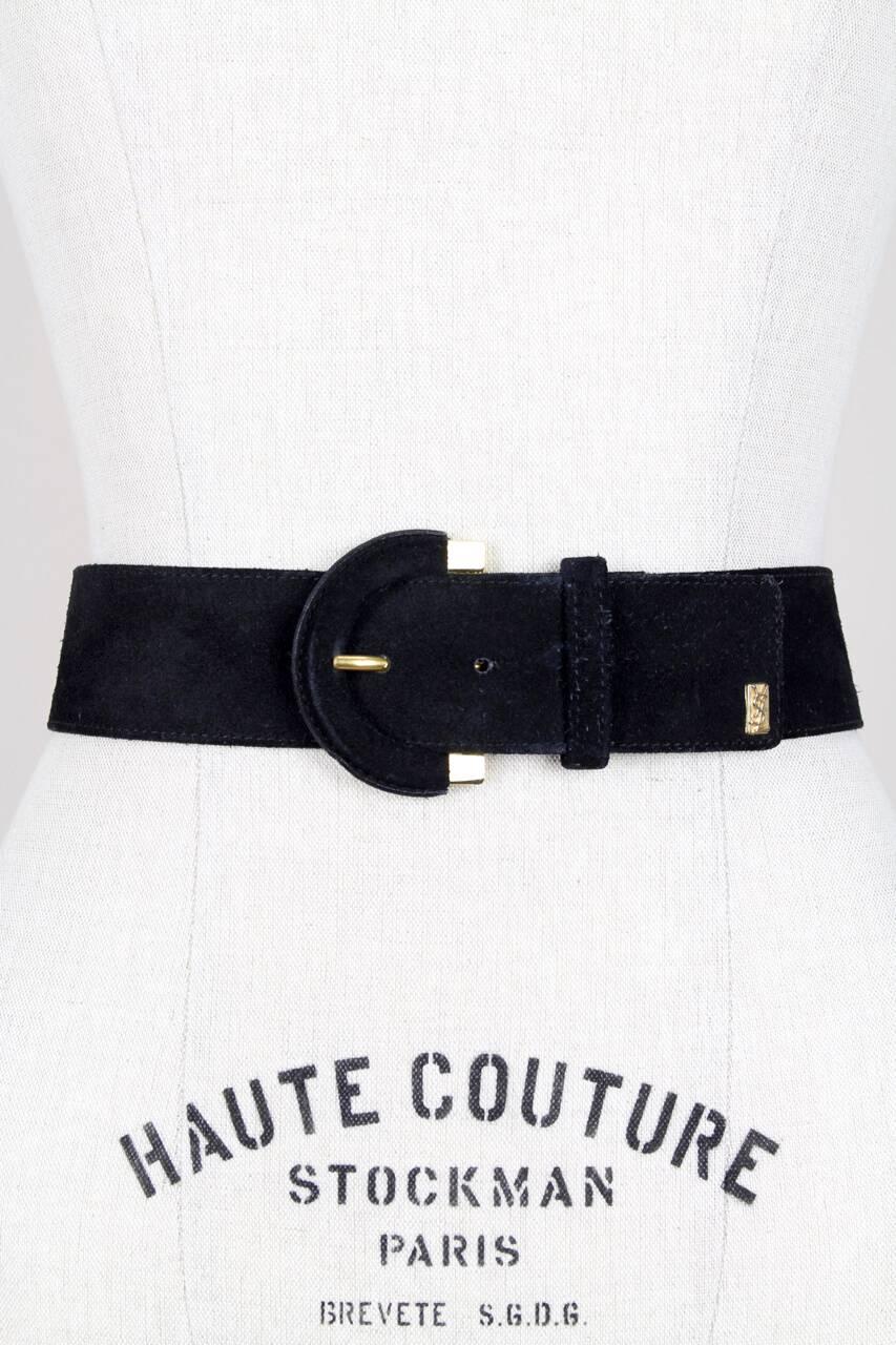 Women's Yves Saint Laurent Black Suede Belt With Gold Tone Accents and YSL Logo, 1990s 