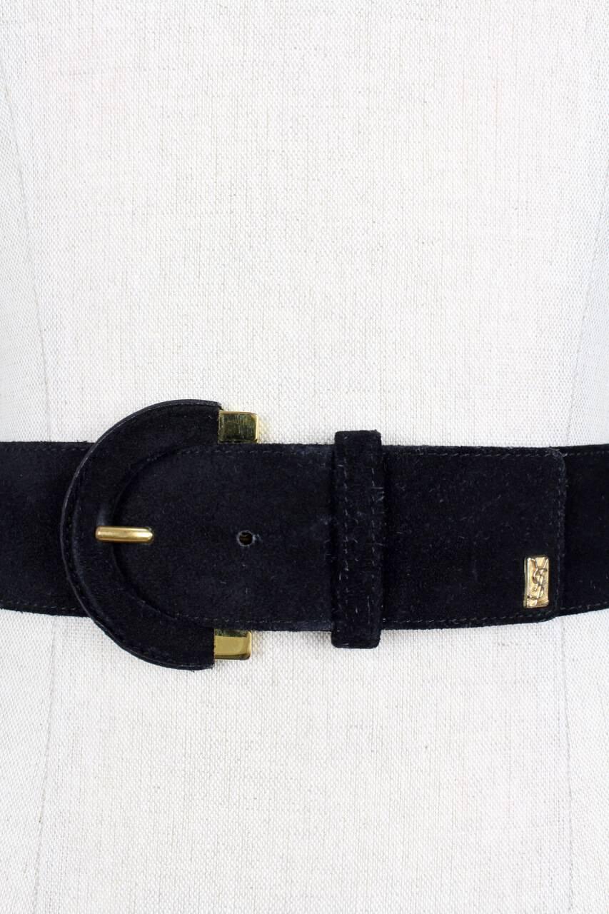 Yves Saint Laurent Black Suede Belt With Gold Tone Accents and YSL Logo, 1990s  1