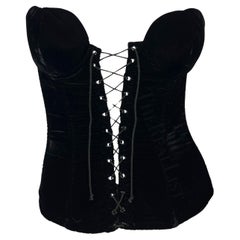 1990s Yves Saint Laurent Black Velvet Strapless Lace Up Corset Top