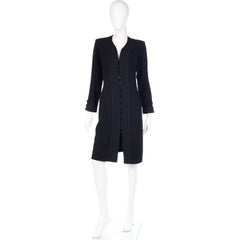 1990s Yves Saint Laurent Black Wool Crepe Dress w Braid Trim
