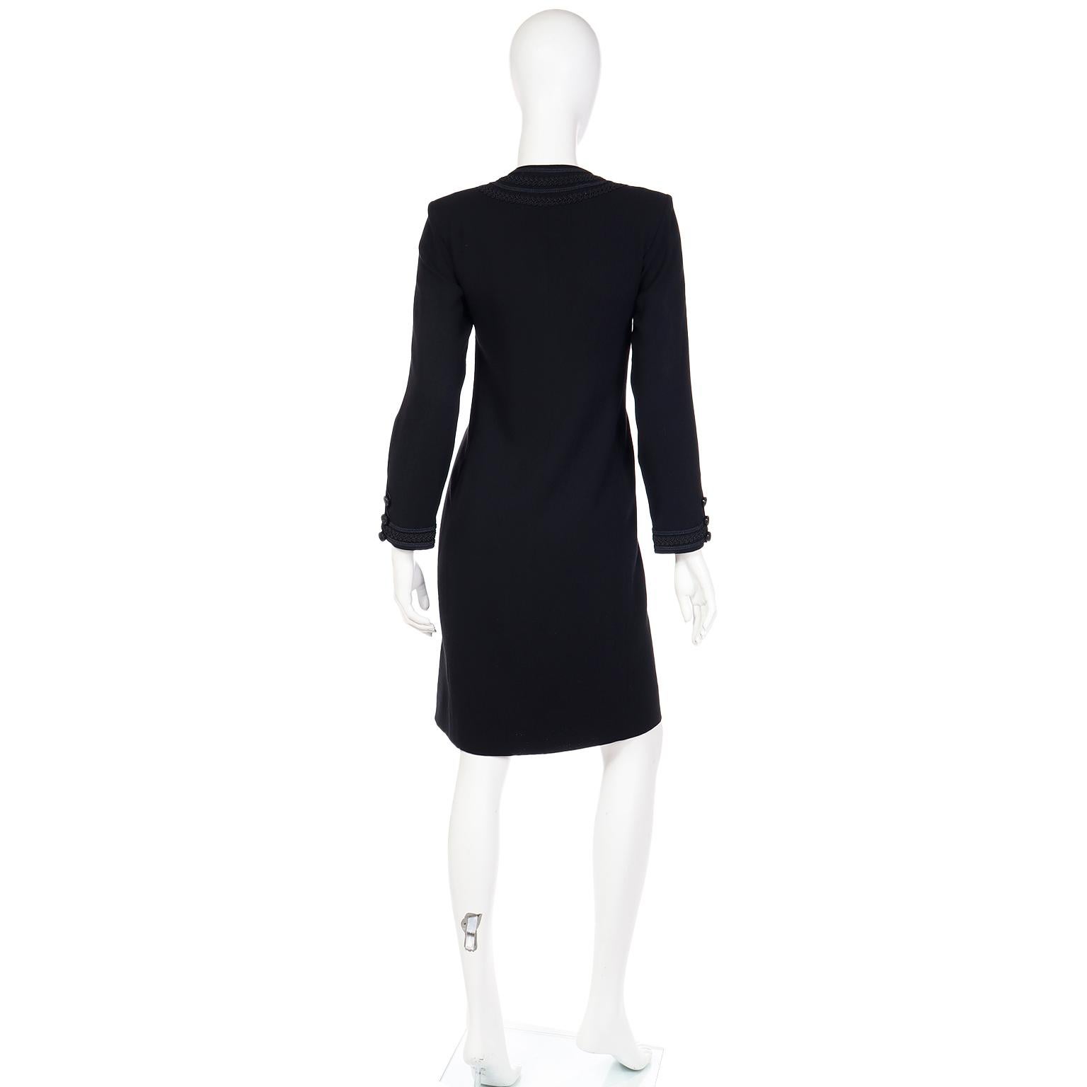 Women's 1990s Yves Saint Laurent Black Wool Crepe Dress w Braid Trim  For Sale