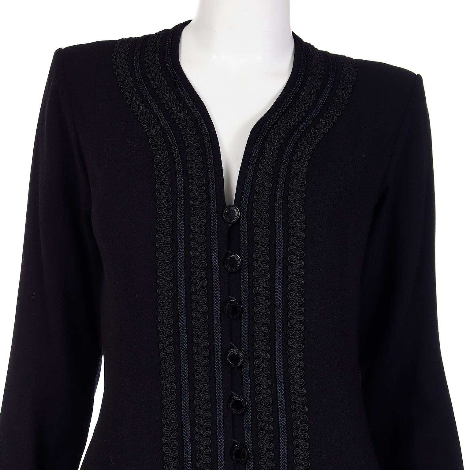 1990s Yves Saint Laurent Black Wool Crepe Dress w Braid Trim  For Sale 1
