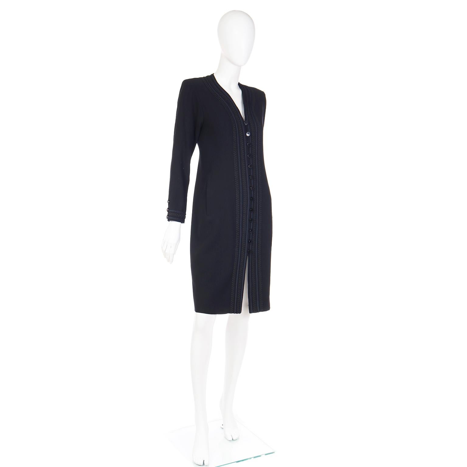 1990s Yves Saint Laurent Black Wool Crepe Dress w Braid Trim  For Sale 2