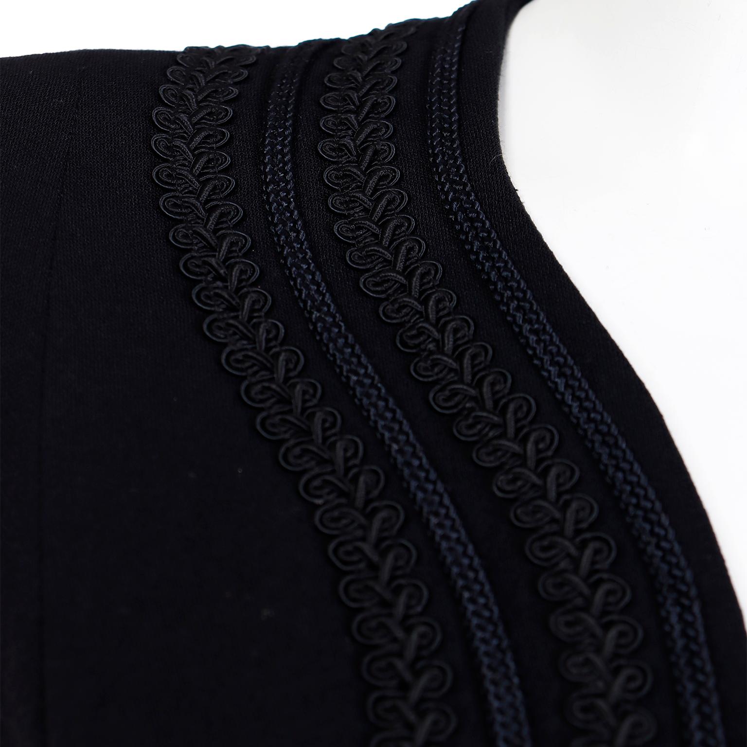 1990s Yves Saint Laurent Black Wool Crepe Dress w Braid Trim  For Sale 4