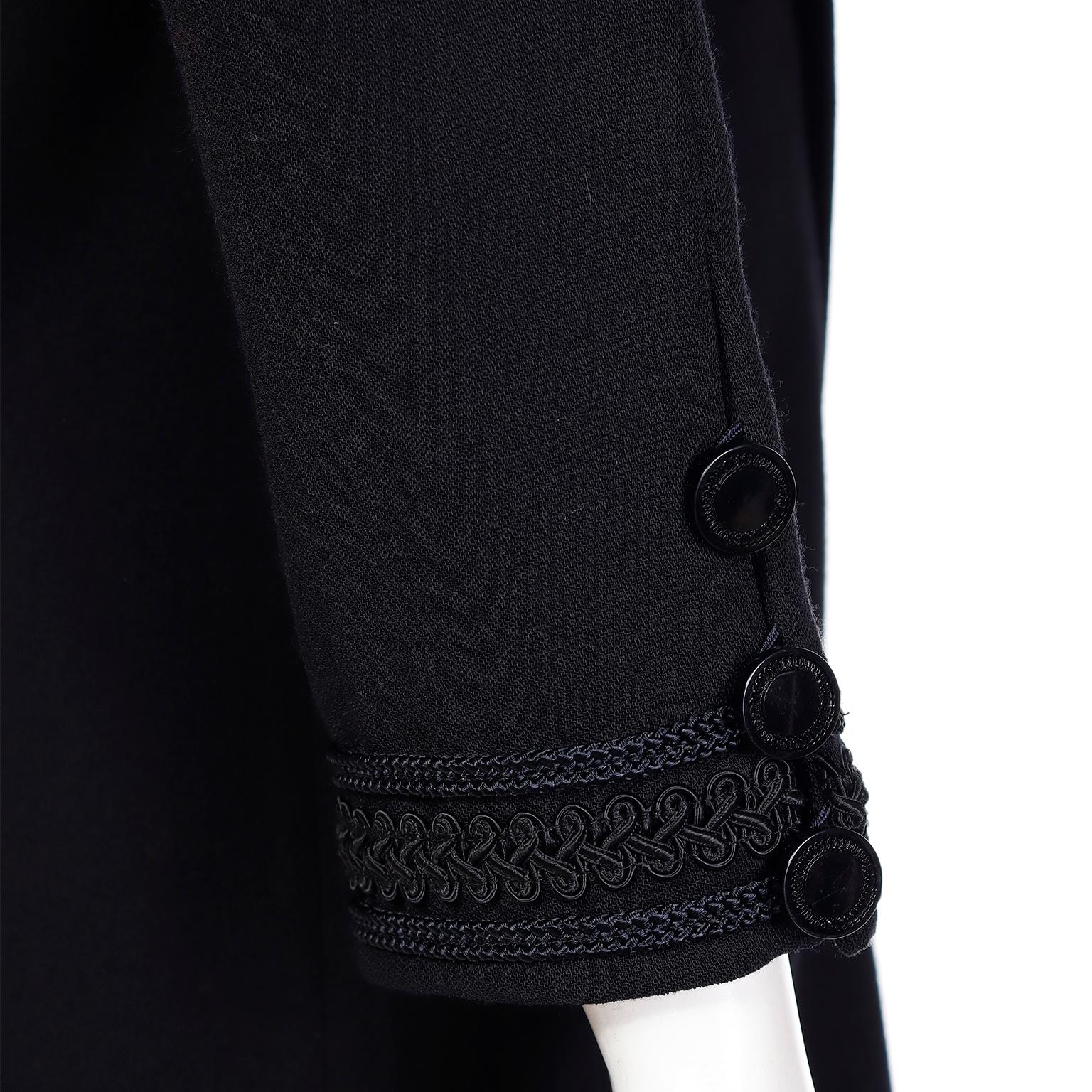 1990s Yves Saint Laurent Black Wool Crepe Dress w Braid Trim  For Sale 5