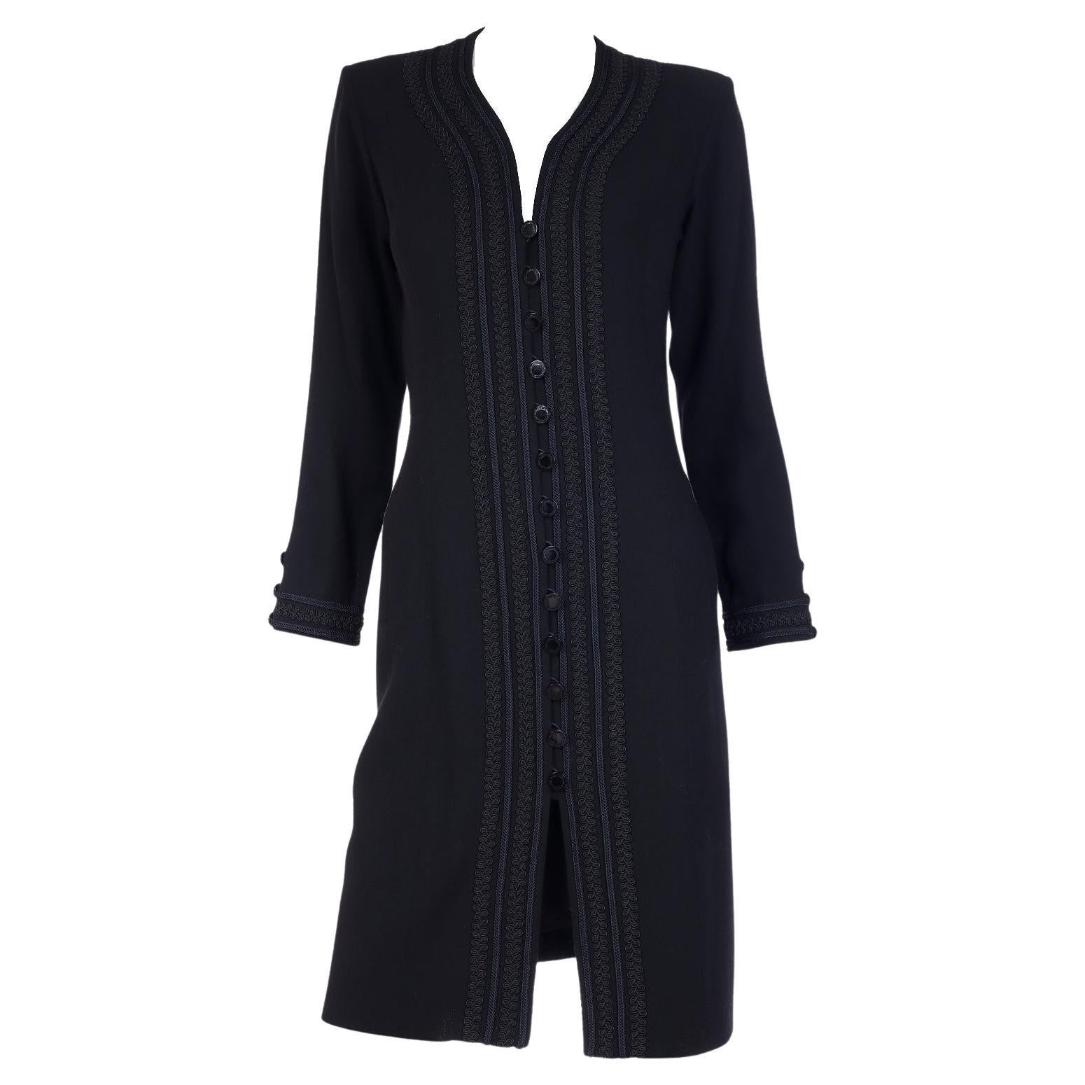 1990s Yves Saint Laurent Black Wool Crepe Dress w Braid Trim  For Sale