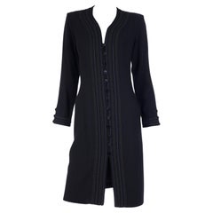1990s Yves Saint Laurent Black Wool Crepe Dress w Braid Trim 