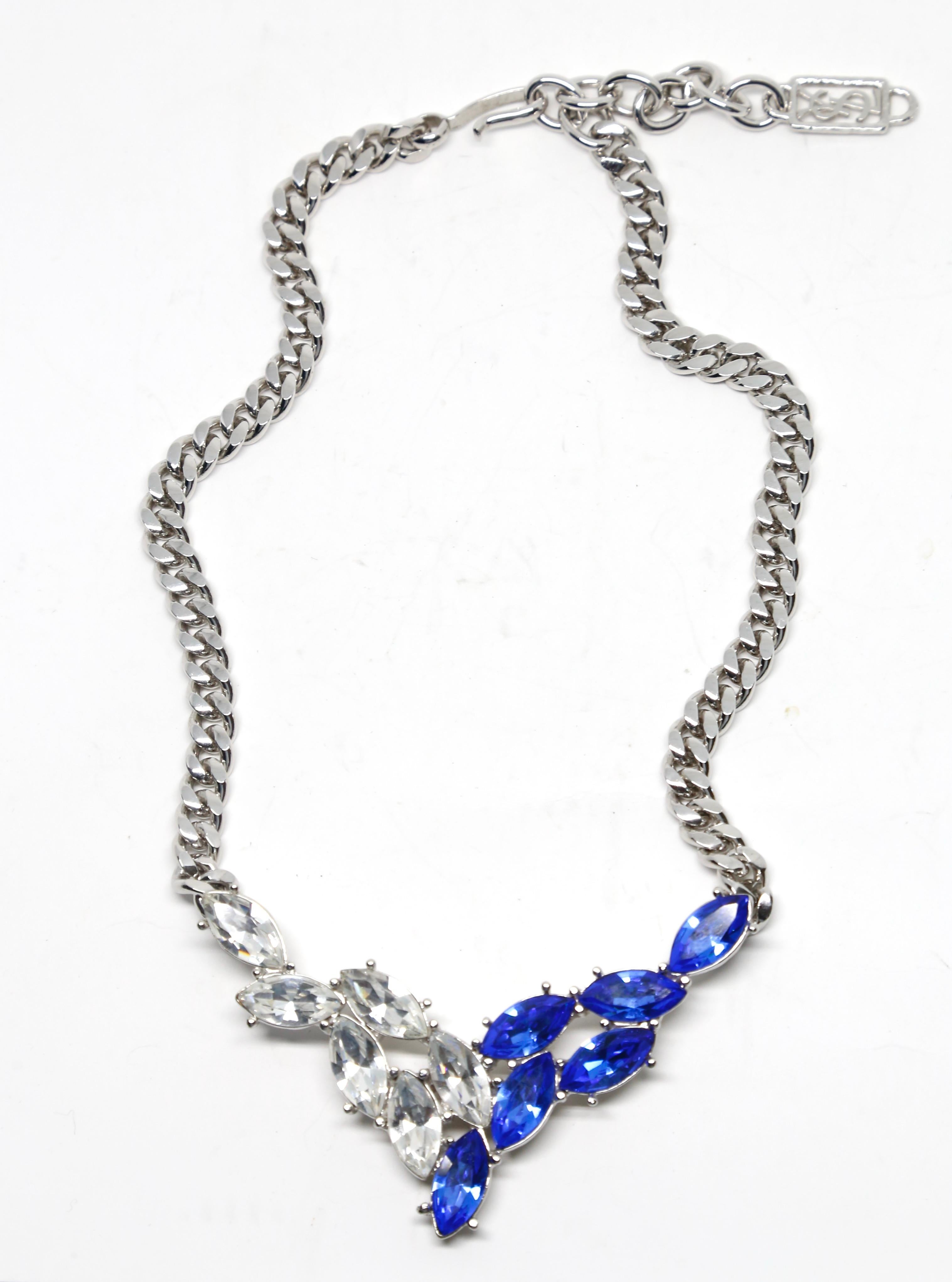 Mixed Cut 1990's YVES SAINT LAURENT blue and clear faceted crystal necklace  For Sale
