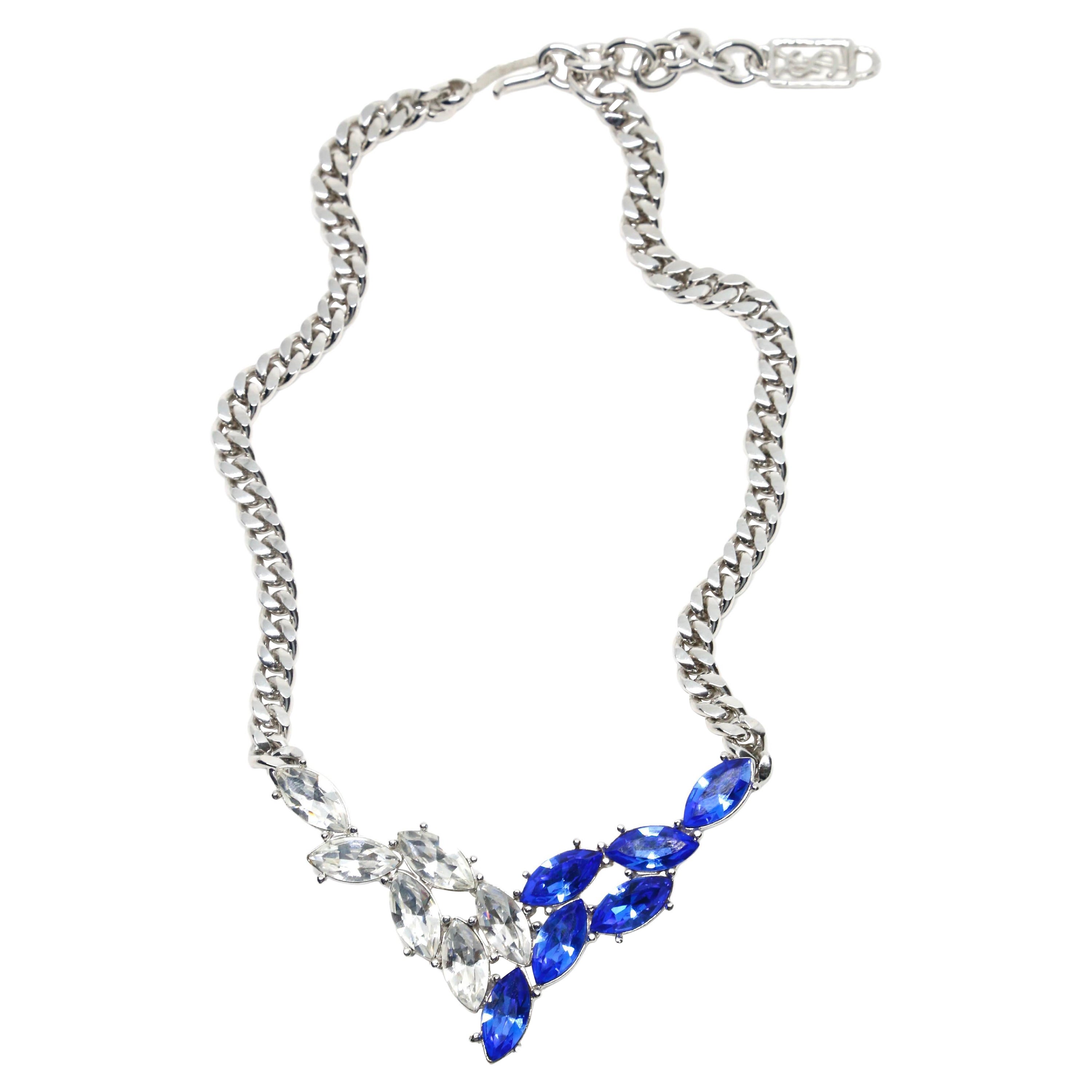 1990's YVES SAINT LAURENT blue and clear faceted crystal necklace For Sale