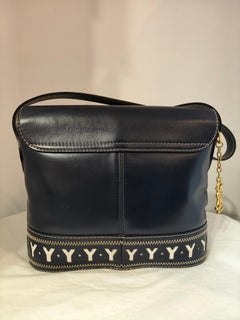 1990s Yves Saint Laurent Blue navy leather White logo Shoulder bag