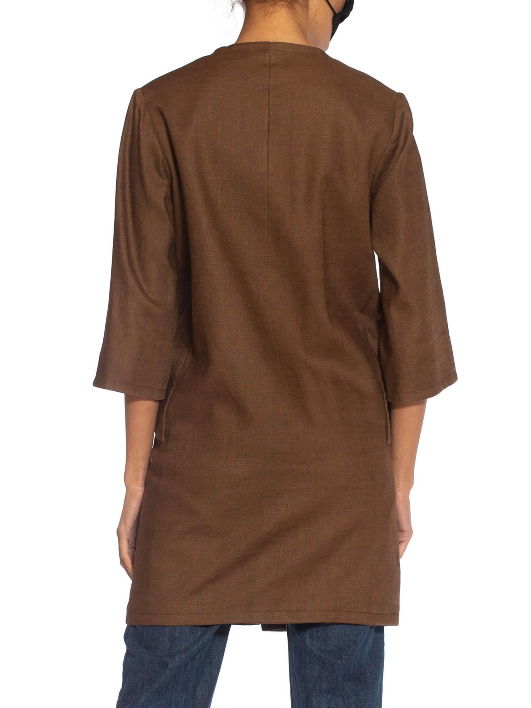 1990S Yves Saint Laurent Giacca 3/4 in lino marrone Haute Couture con Wood in vendita 2