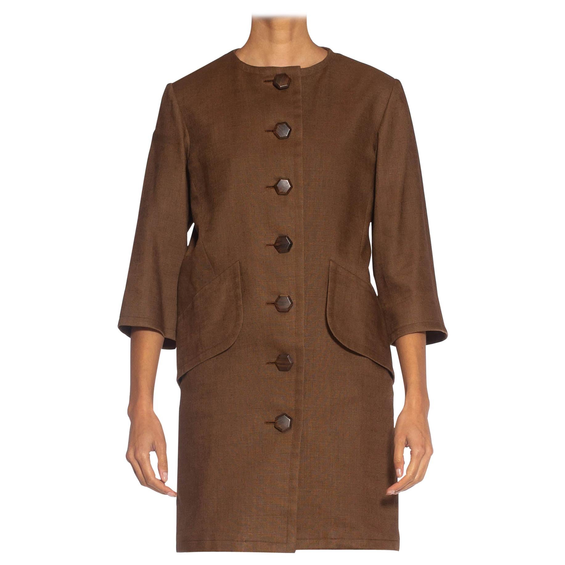 1990S Yves Saint Laurent Giacca 3/4 in lino marrone Haute Couture con Wood