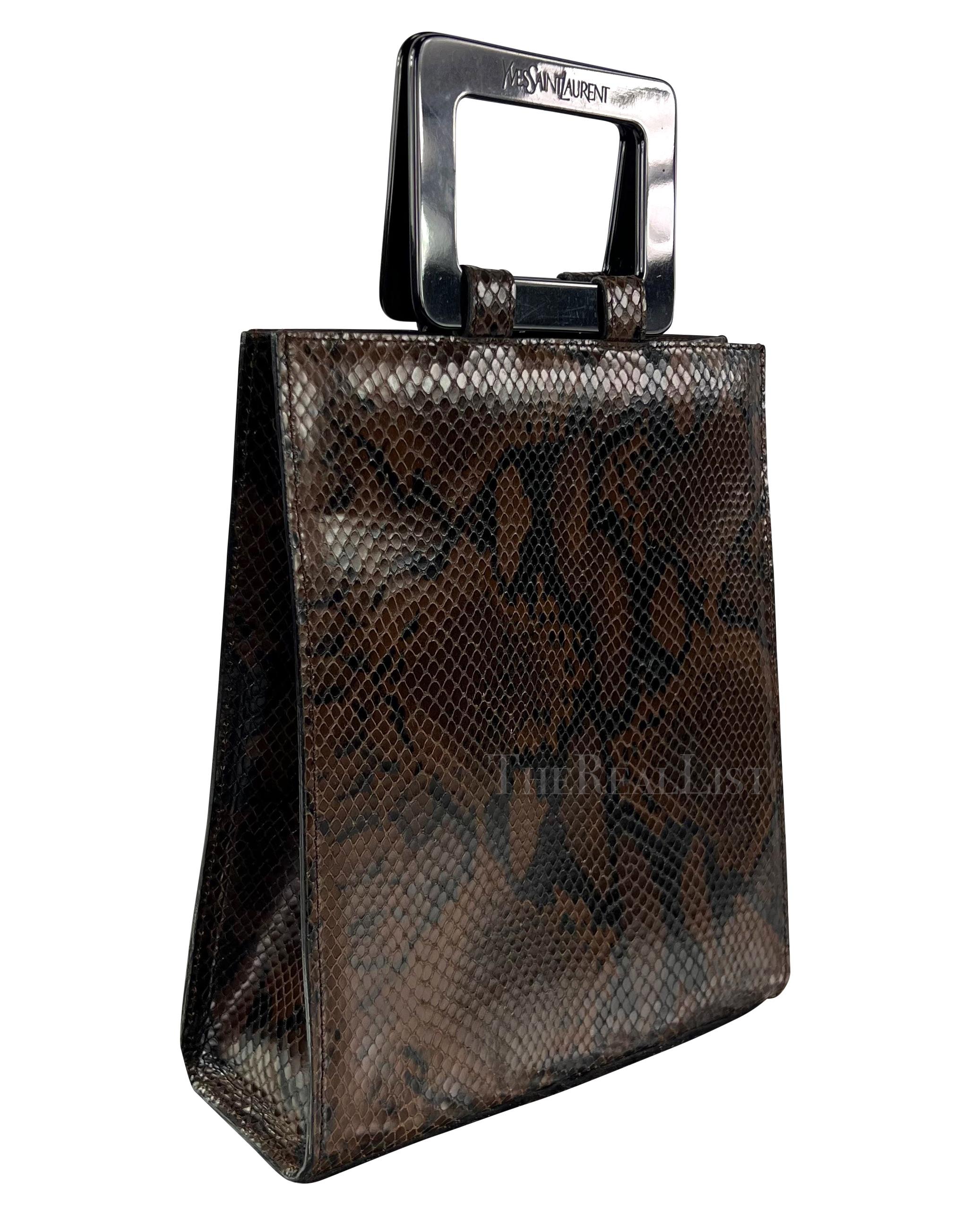 1990 Yves Saint Laurent Brown Brown Python Skin Logo Top Handle Tote Bag en vente 1
