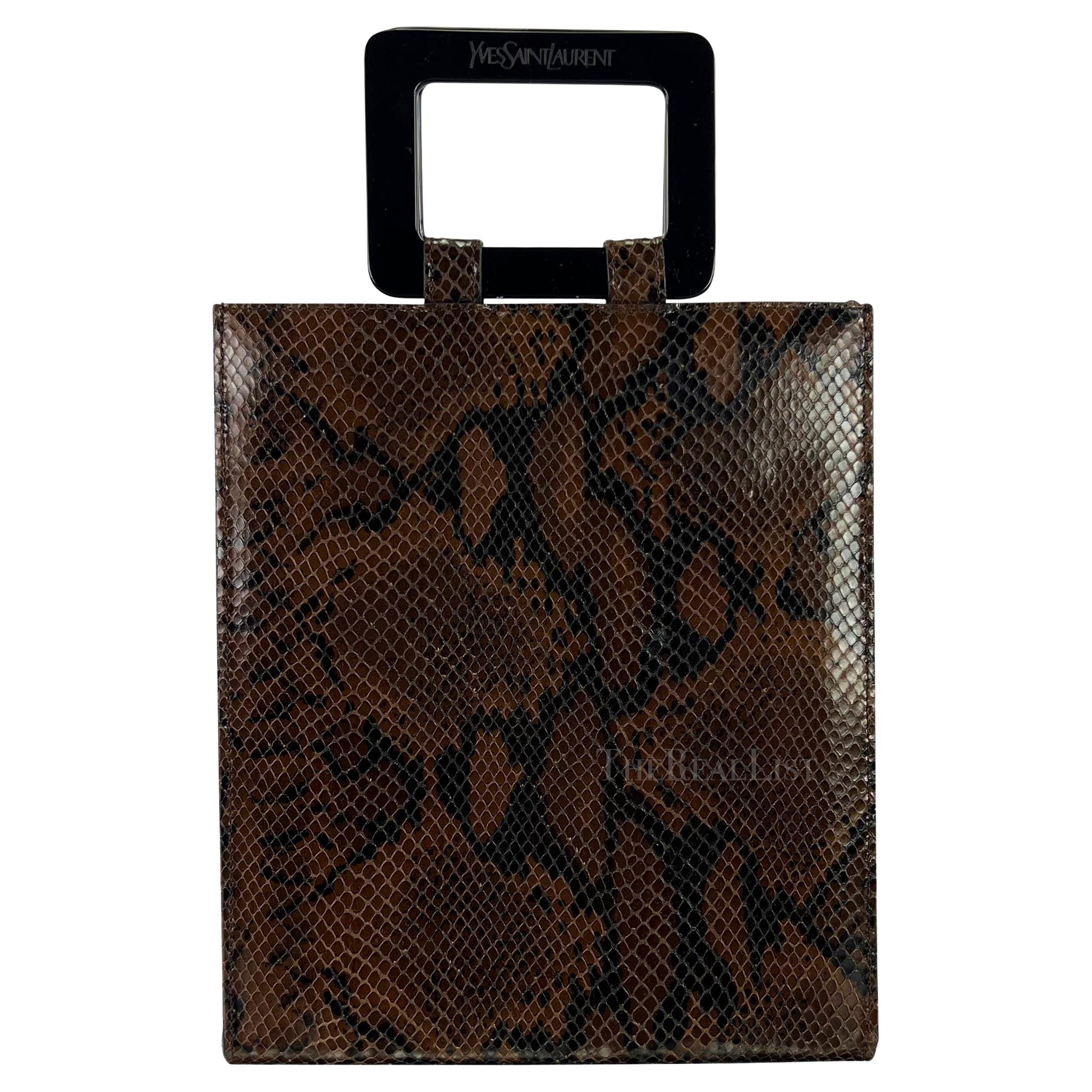 1990s Yves Saint Laurent Brown Python Skin Logo Top Handle Tote Bag For Sale