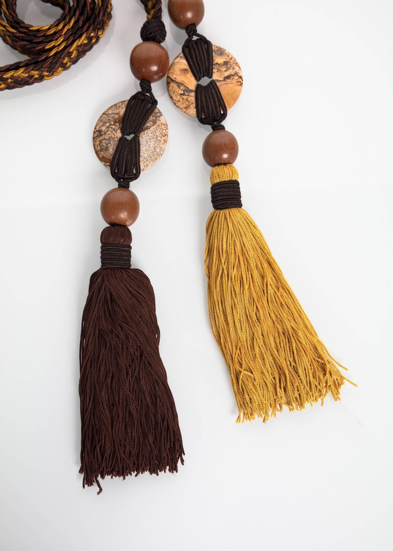 Black Yves Saint Laurent Brown Yellow Braided Tassel Belt Wood Agate Beads YSL Vintage For Sale
