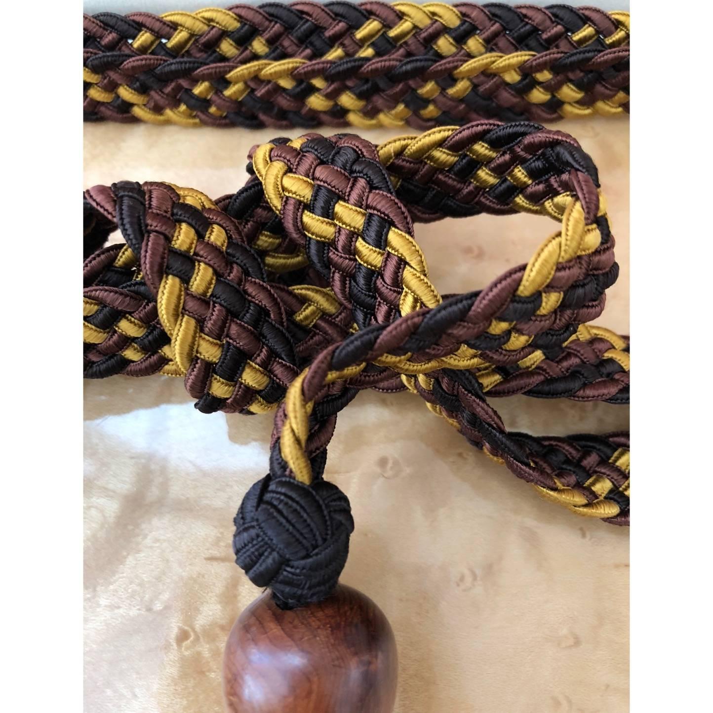 Women's Yves Saint Laurent Brown Yellow Braided Tassel Belt Wood Agate Beads YSL Vintage For Sale