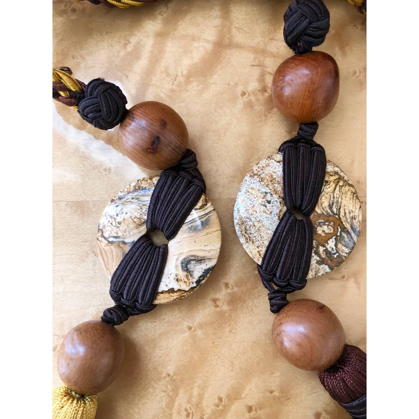 Yves Saint Laurent Brown Yellow Braided Tassel Belt Wood Agate Beads YSL Vintage For Sale 1
