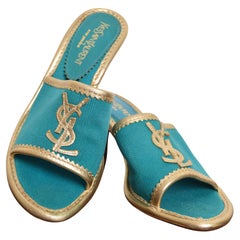 1990’s Yves Saint Laurent Canvas Teal Turquoise & Gold Slip On Mules High Heels