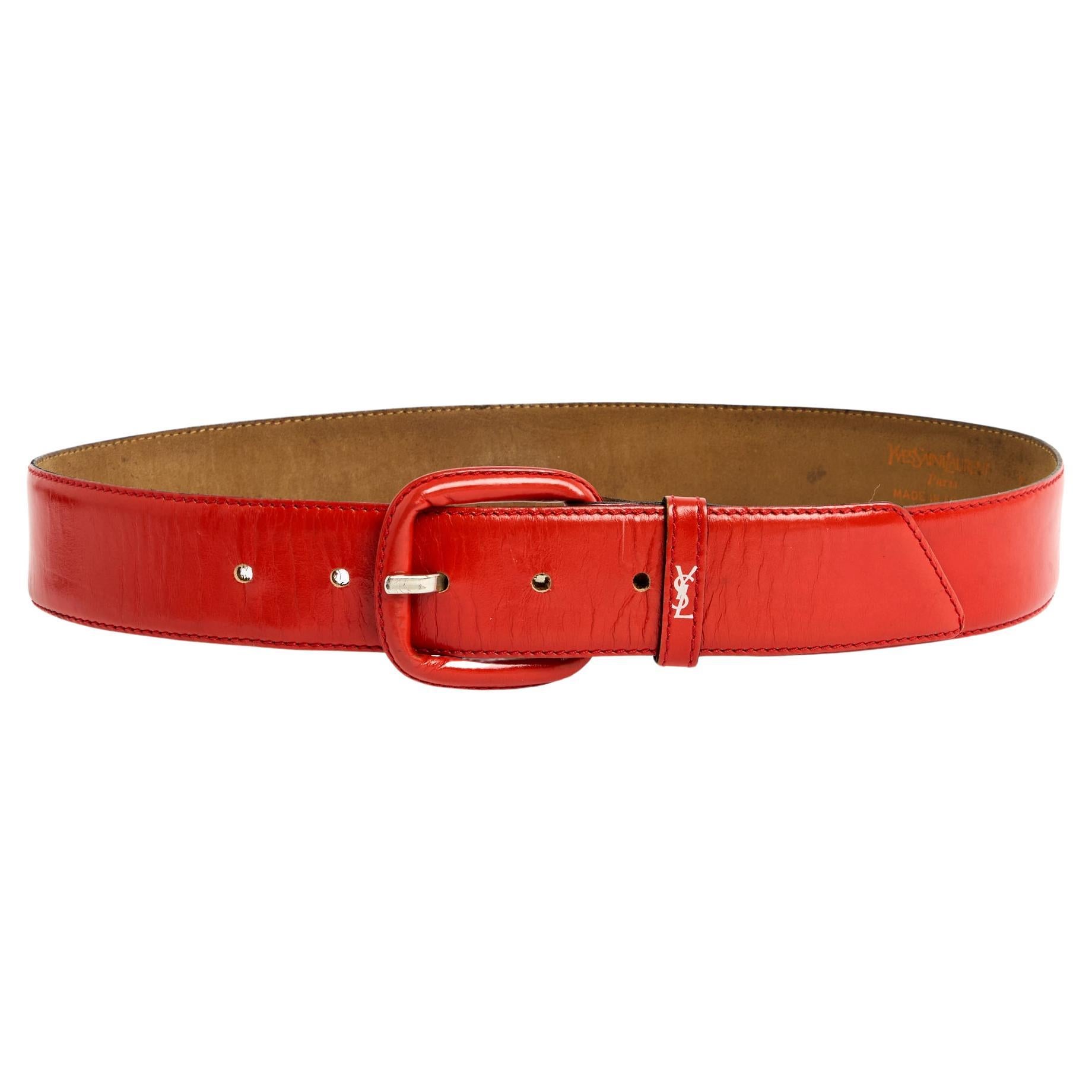 1990s Yves Saint Laurent Coral Red Leather Belt Fr70