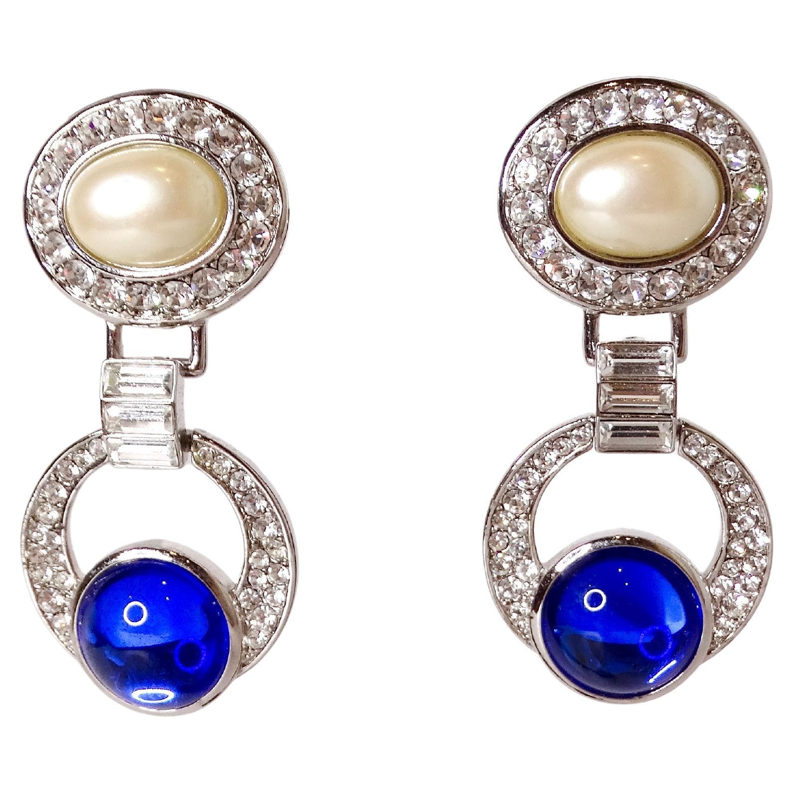 1990s Yves Saint Laurent Crystal Encrusted Faux Sapphire Pearl Clip-On Earrings