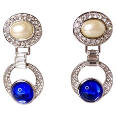 1990s Yves Saint Laurent Crystal Encrusted Faux Sapphire Pearl Clip-On Earrings