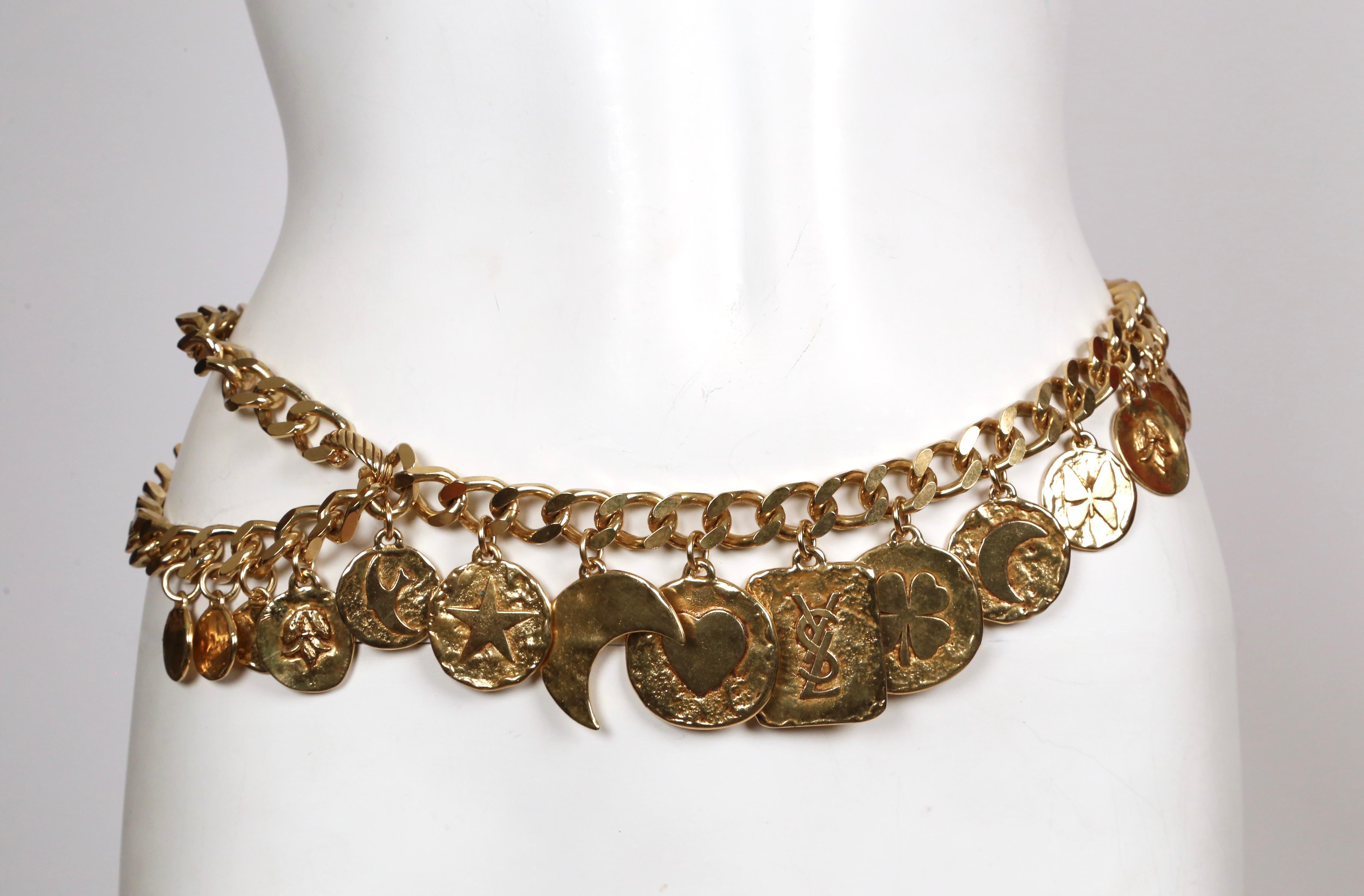 1990's YVES SAINT LAURENT gilt coin charm belt or necklace In Good Condition For Sale In San Fransisco, CA