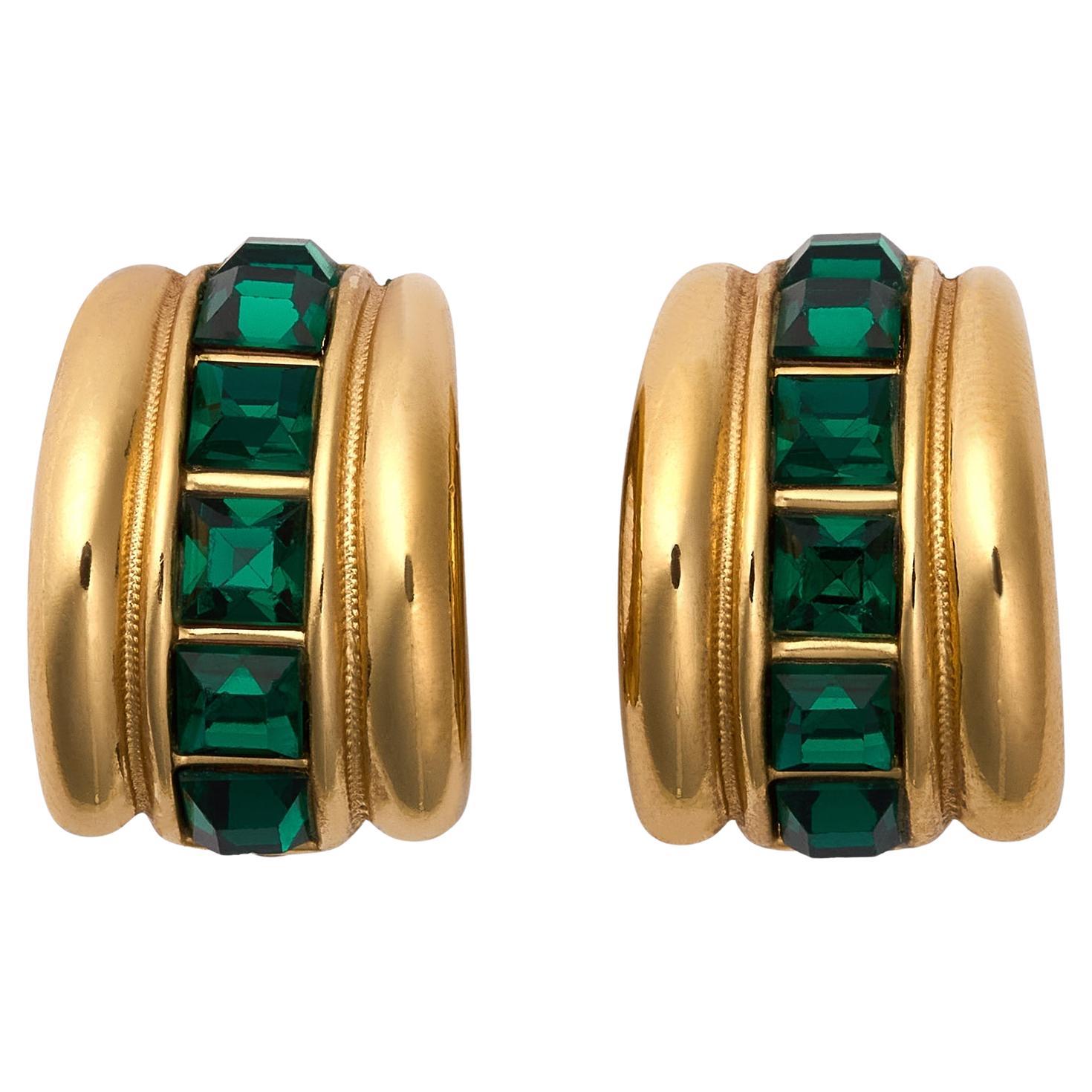 1990s Yves Saint Laurent Gold and Emerald Crystal Earrings For Sale