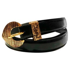 Vintage 1990s Yves Saint Laurent Gold Tone Mesh Metal buckle Black Leather Belt