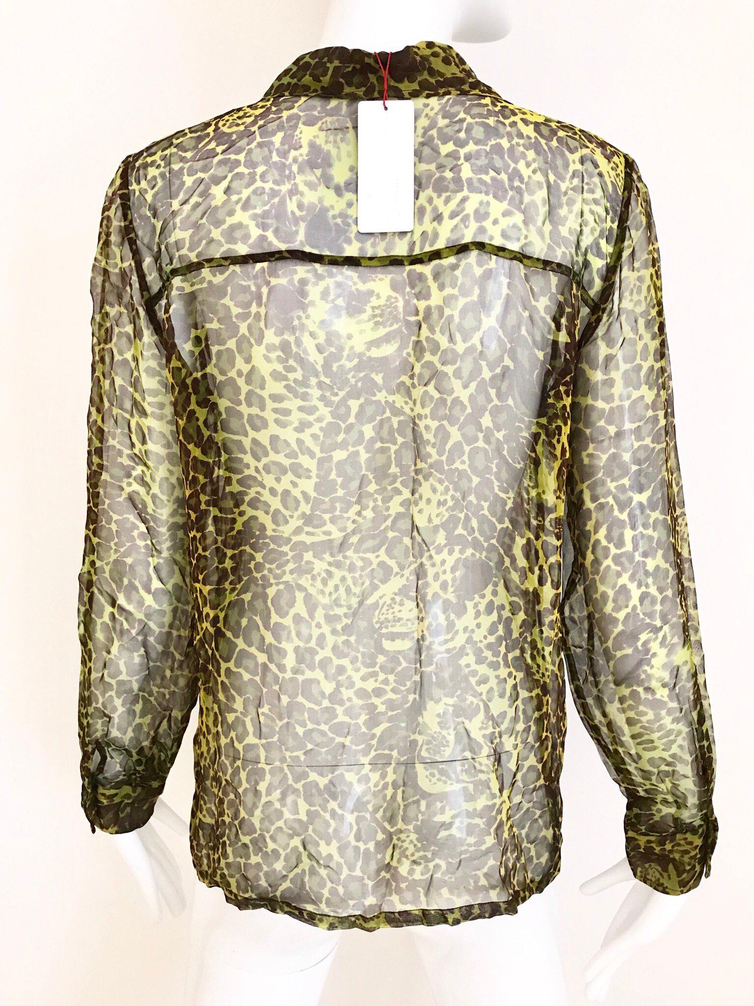 1990s Yves Saint Laurent Green and Brown Leopard Print Silk Blouse  5