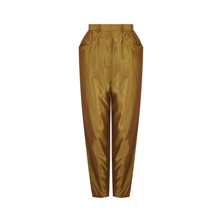 1990s Yves Saint Laurent Iridescent Green Silk Trousers For Sale at 1stDibs