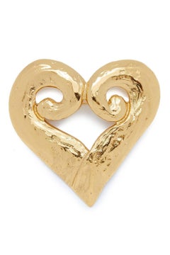 1990s Yves Saint Laurent Large Gold Plated Heart Brooch with Original Box