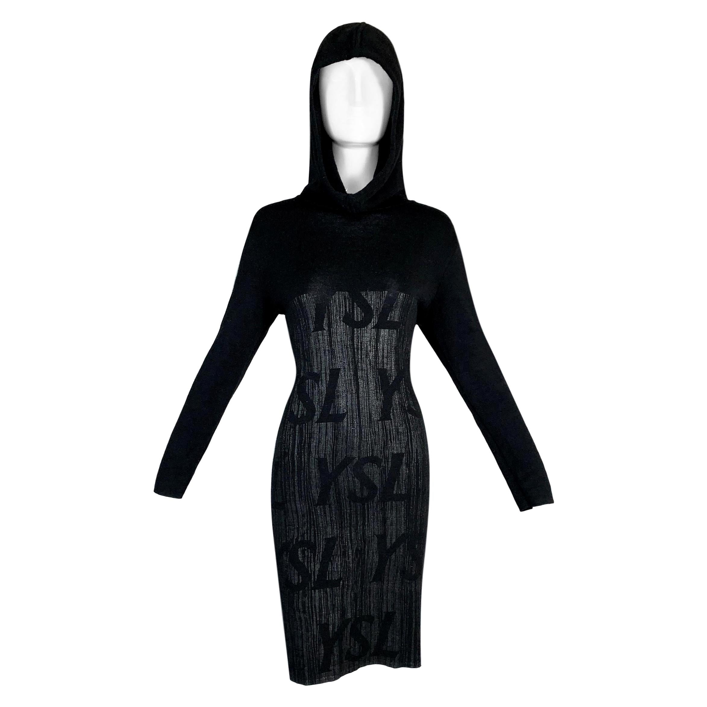1990's Yves Saint Laurent Logo Monogram Hooded Black Knit L/S Dress