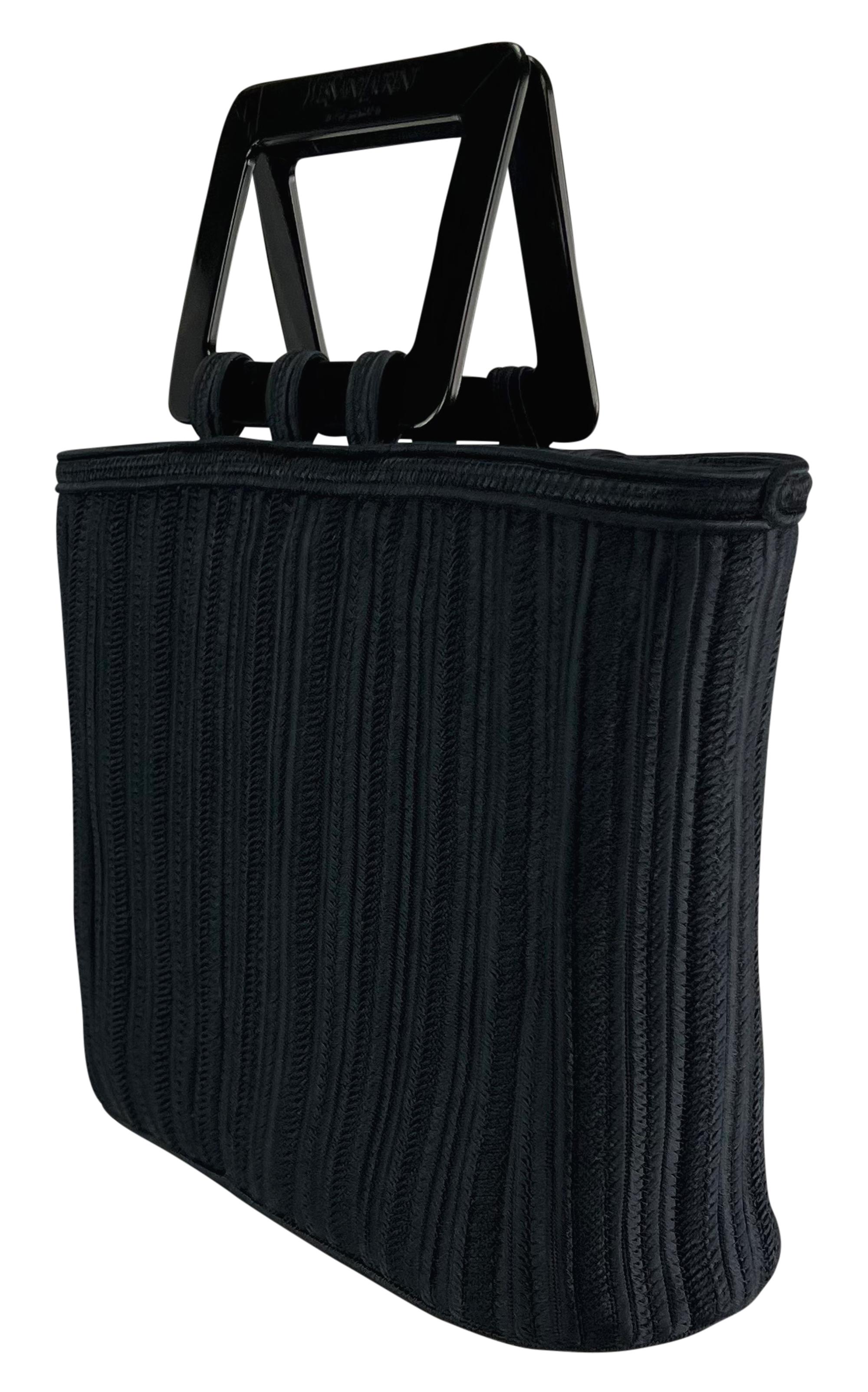 1990s Yves Saint Laurent Navy Blue Woven Cord Black Acrylic Handle Tote Bag In Excellent Condition For Sale In West Hollywood, CA