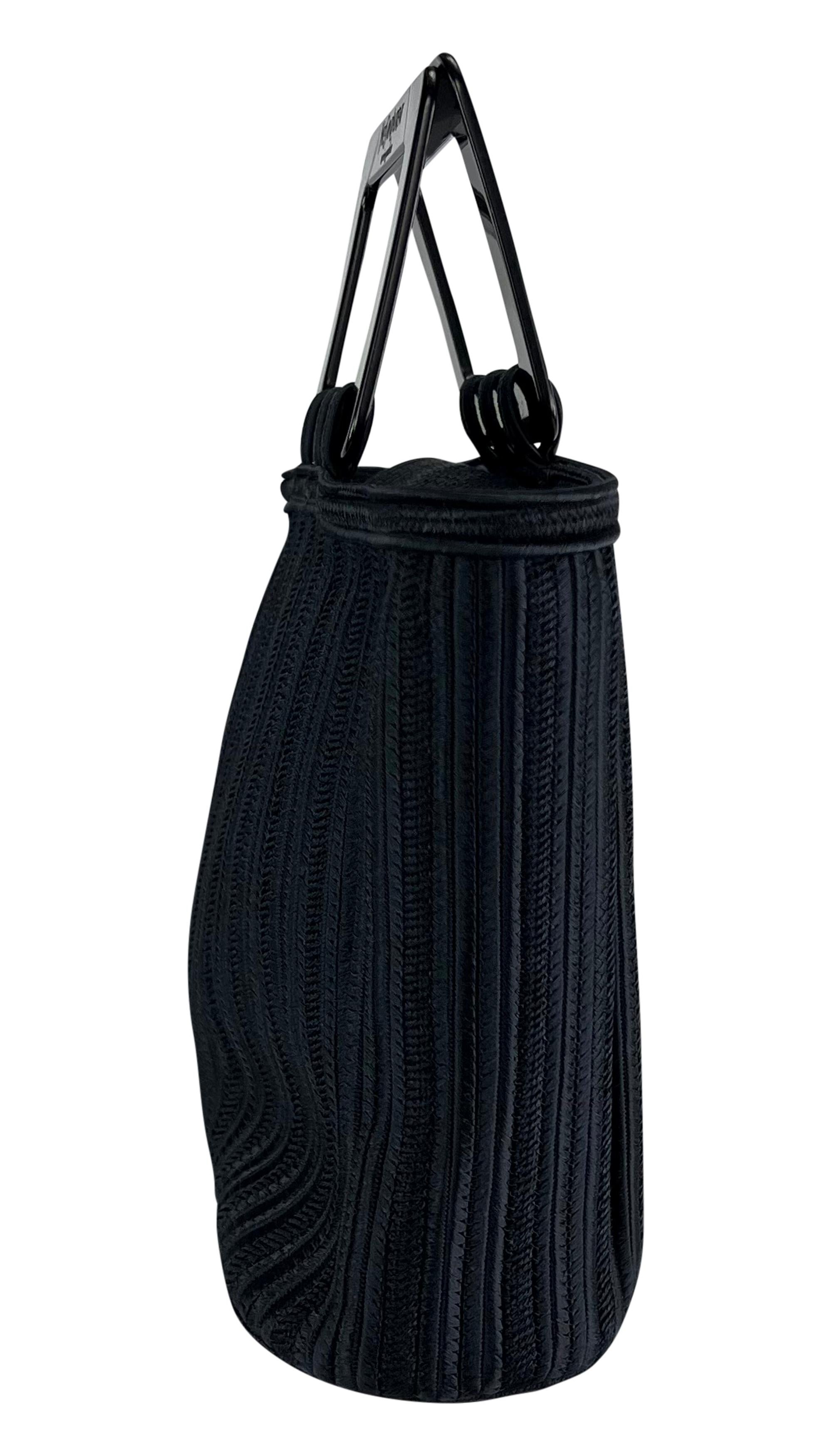 Women's 1990s Yves Saint Laurent Navy Blue Woven Cord Black Acrylic Handle Tote Bag For Sale