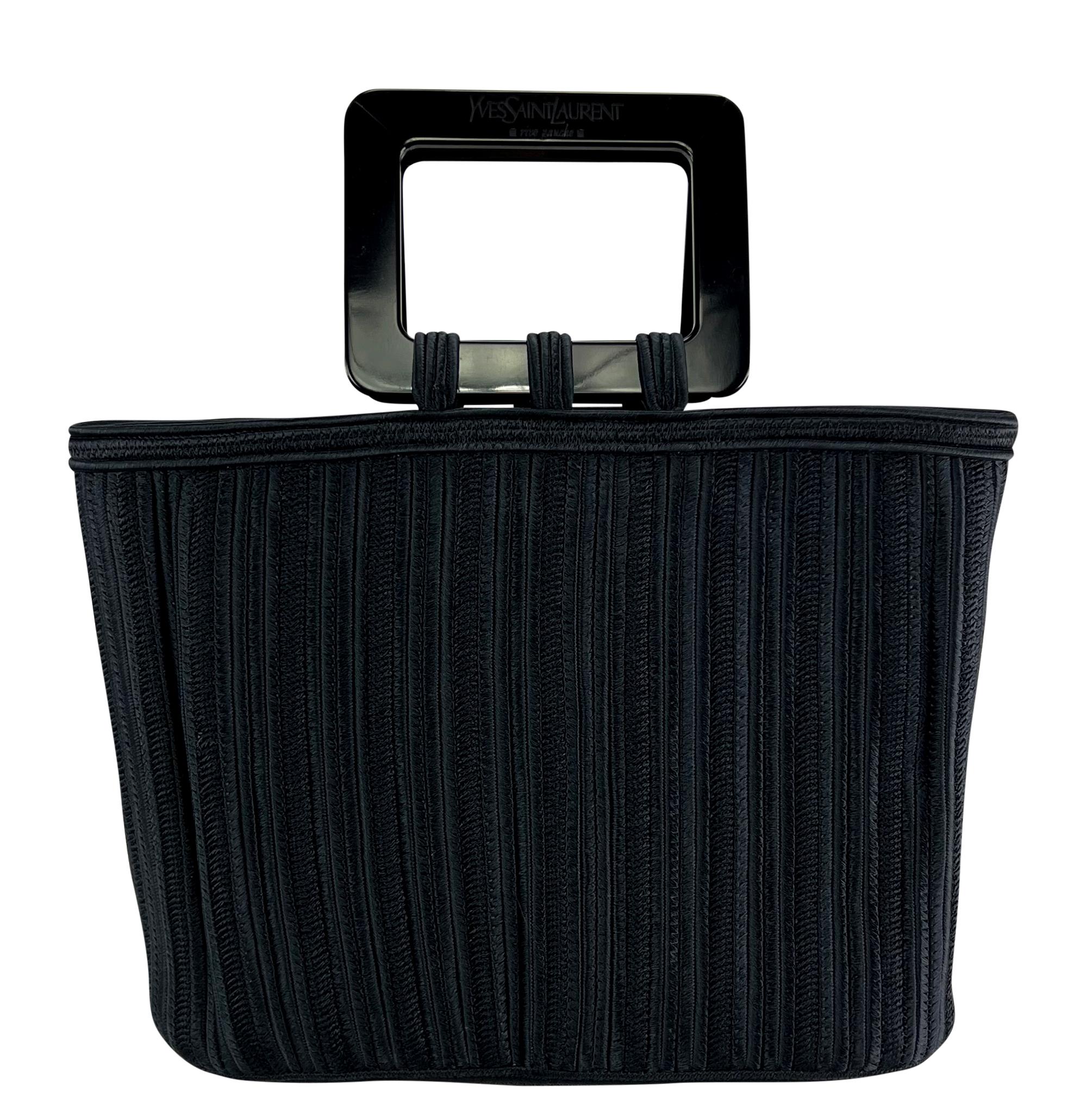 1990s Yves Saint Laurent Navy Blue Woven Cord Black Acrylic Handle Tote Bag For Sale 1