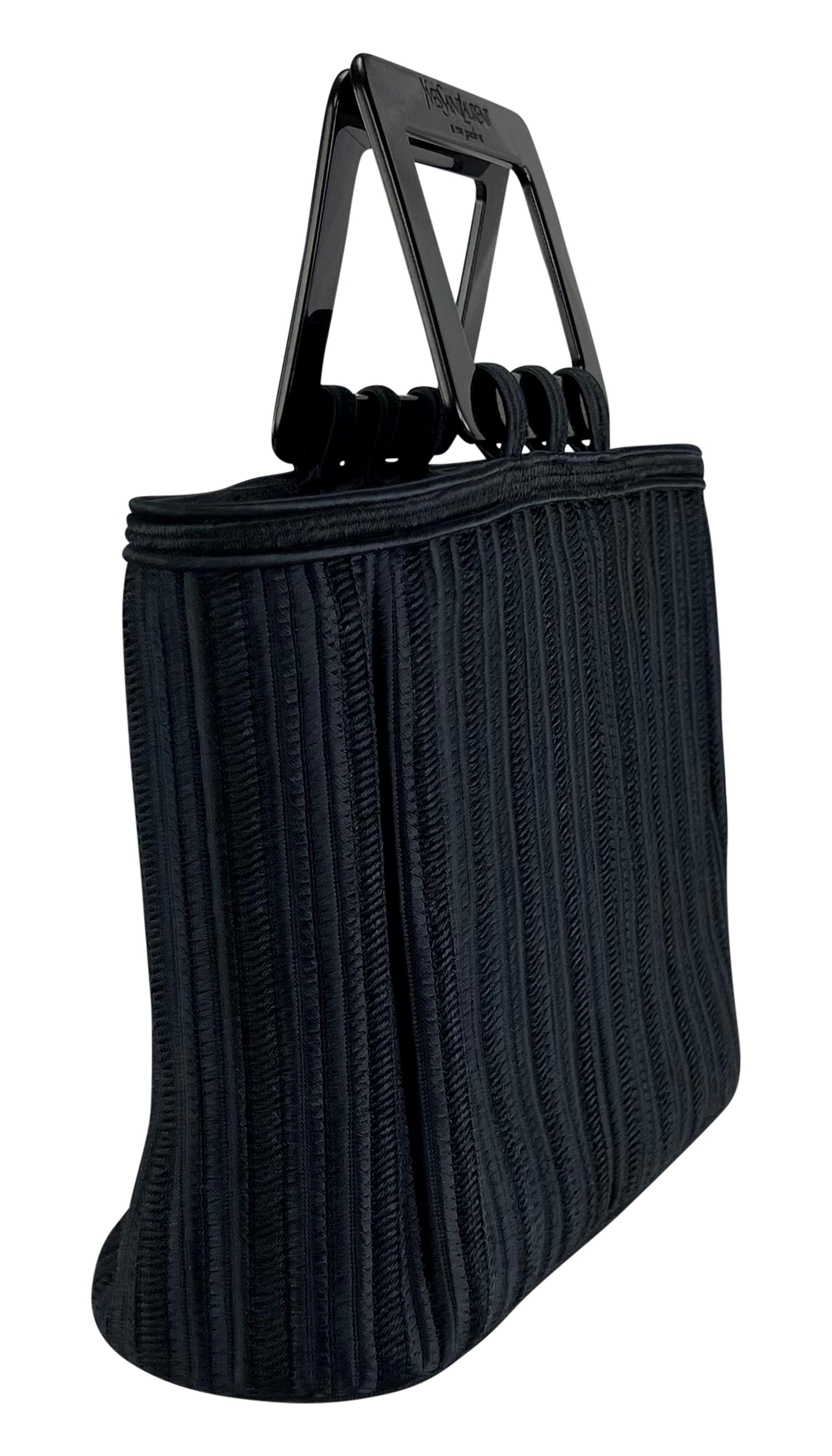 1990s Yves Saint Laurent Navy Blue Woven Cord Black Acrylic Handle Tote Bag For Sale 3