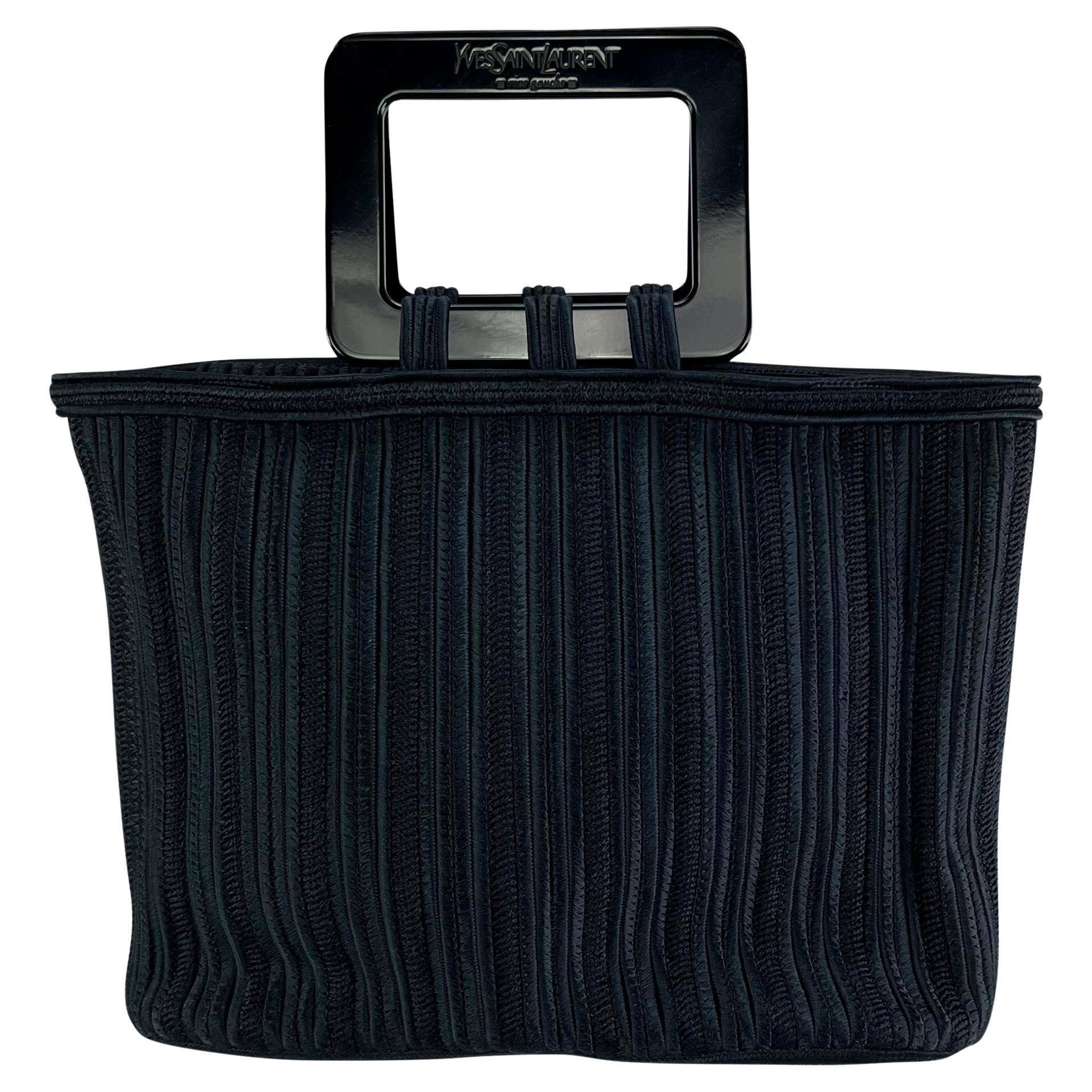 1990s Yves Saint Laurent Navy Blue Woven Cord Black Acrylic Handle Tote Bag For Sale