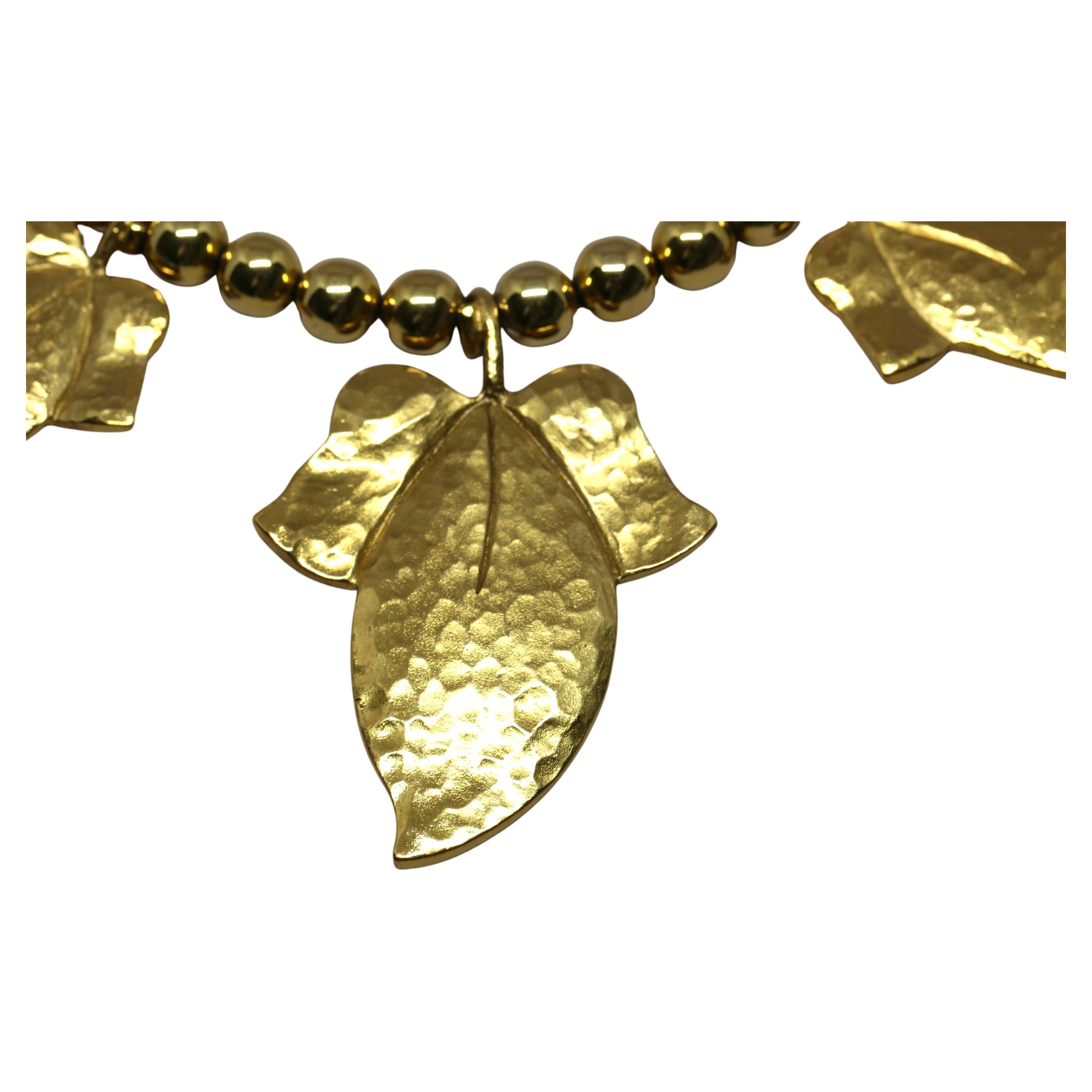 1990's YVES SAINT LAURENT oversized hammered gilt leaf necklace  In Good Condition For Sale In San Fransisco, CA