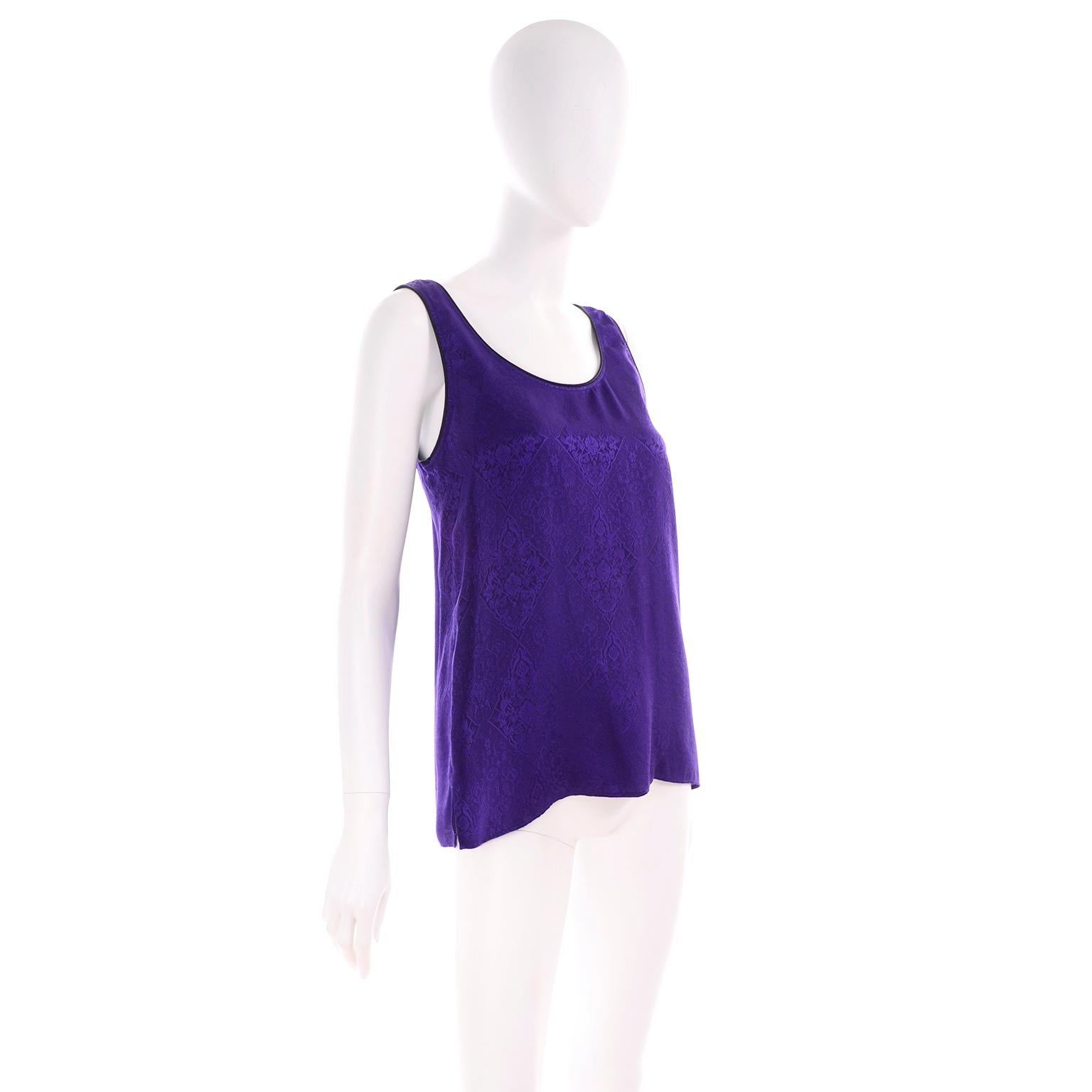 1990s Yves Saint Laurent Purple Silk Jacquard Vintage Sleeveless Top 1