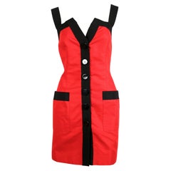 1990 - Yves Saint Laurent - Robe en coton rouge avec bordures en gros-grain noir